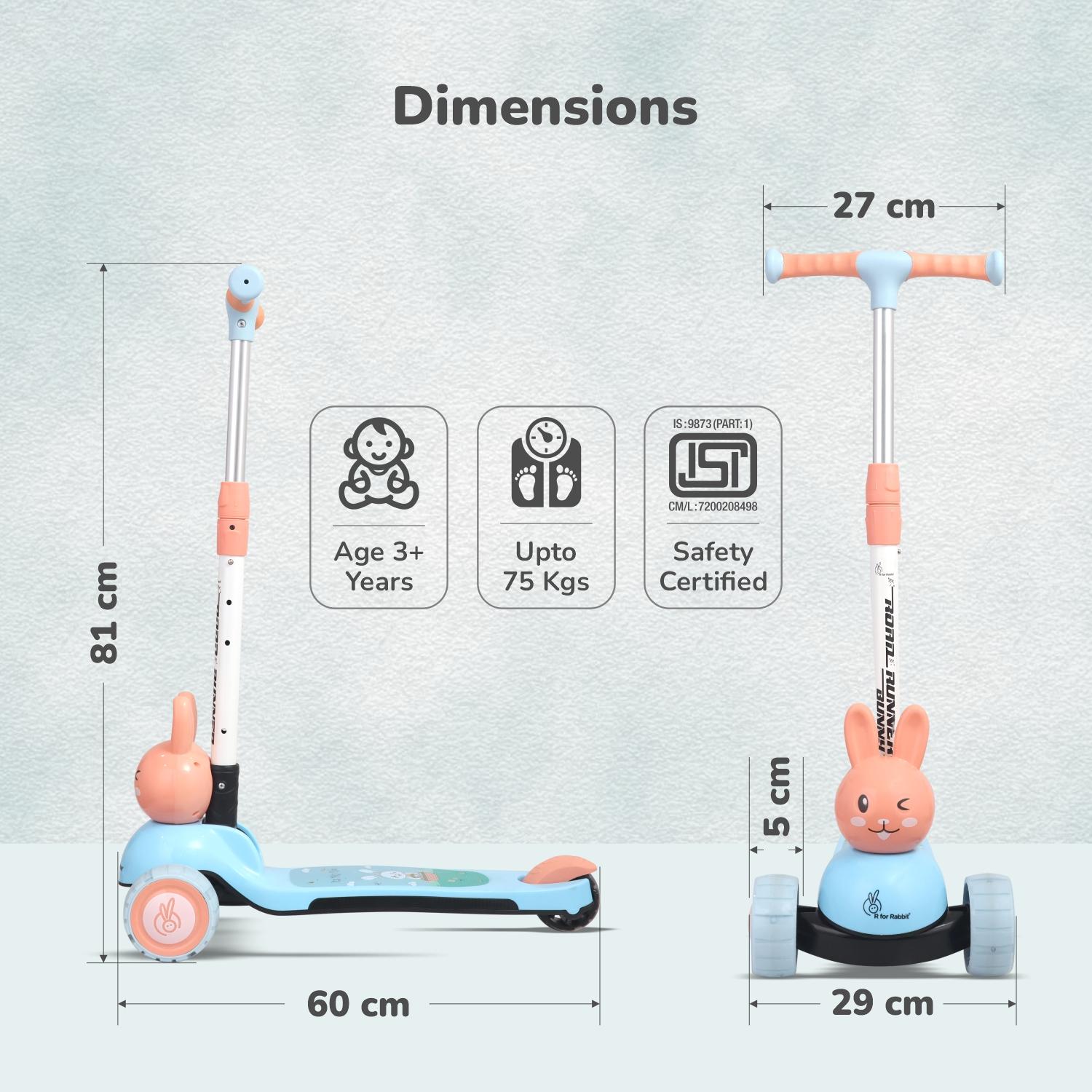 R for Rabbit Road Runner Bunny Kids Scooter, 3 Level Adjustable Height, Smart Fold & PU LED Wheels Kick Scooter with Brake for 3+ Years Kids, Weight Capacity Upto 75kgs (Blue Peach)