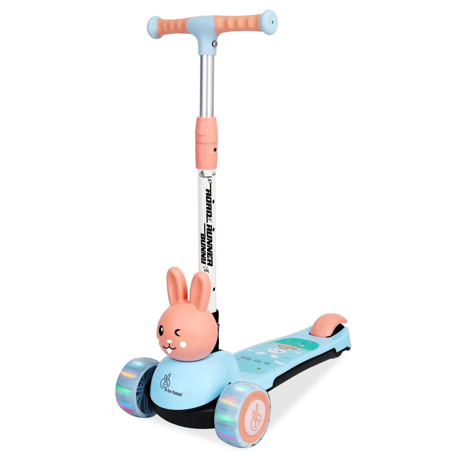 R for Rabbit Road Runner Bunny Kids Scooter, 3 Level Adjustable Height, Smart Fold & PU LED Wheels Kick Scooter with Brake for 3+ Years Kids, Weight Capacity Upto 75kgs (Blue Peach)