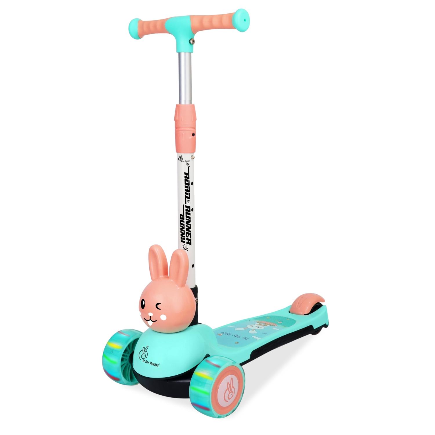 R for Rabbit Road Runner Bunny Kids Scooter, 3 Level Adjustable Height, Smart Fold & PU LED Wheels Kick Scooter with Brake for 3+ Years Kids, Weight Capacity Upto 75kgs (Green Peach)