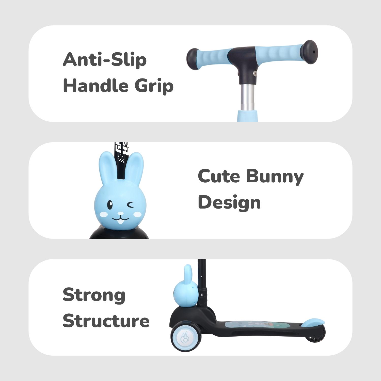 R for Rabbit Road Runner Bunny Kids Scooter, 3 Level Adjustable Height, Smart Fold & PU LED Wheels Kick Scooter with Brake for 3+ Years Kids, Weight Capacity Upto 75kgs (Black Blue)