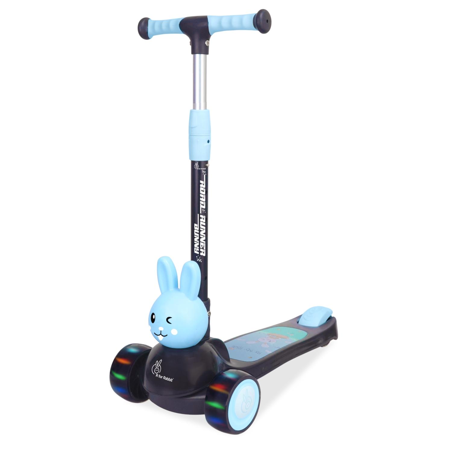 R for Rabbit Road Runner Bunny Kids Scooter, 3 Level Adjustable Height, Smart Fold & PU LED Wheels Kick Scooter with Brake for 3+ Years Kids, Weight Capacity Upto 75kgs (Black Blue)