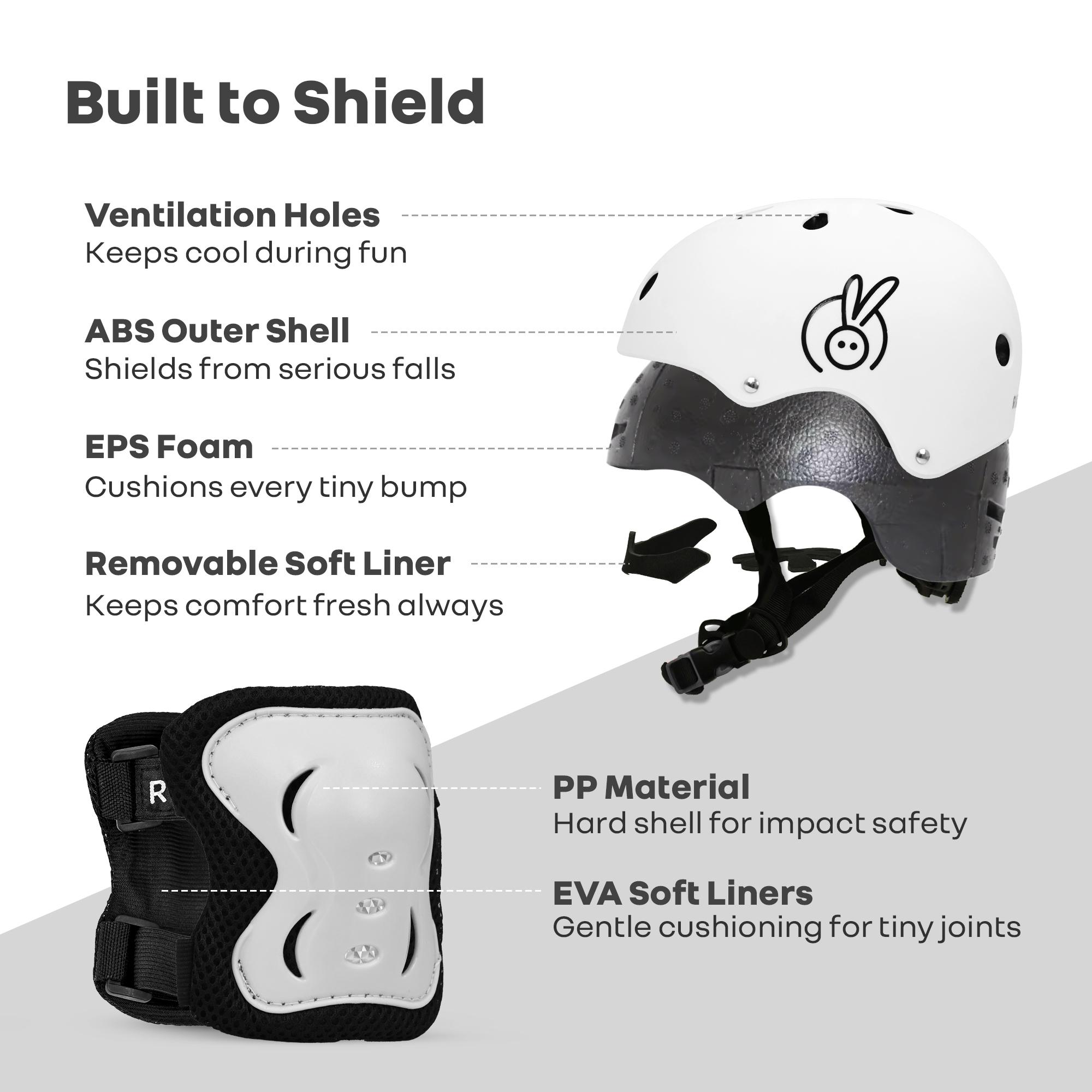 R for Rabbit Safe Play Set for Kids Safety Certified Helmet with Knee & Elbow Pads, Wrist Guards Lightweight Adjustable, Slip-Resistant & Flexible for Cycling, Scooter, Skating Age 5-13 Years (White)