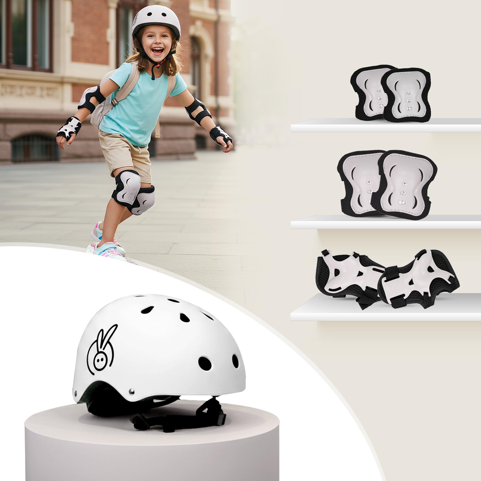 R for Rabbit Safe Play Set for Kids Safety Certified Helmet with Knee & Elbow Pads, Wrist Guards Lightweight Adjustable, Slip-Resistant & Flexible for Cycling, Scooter, Skating Age 5-13 Years (White)