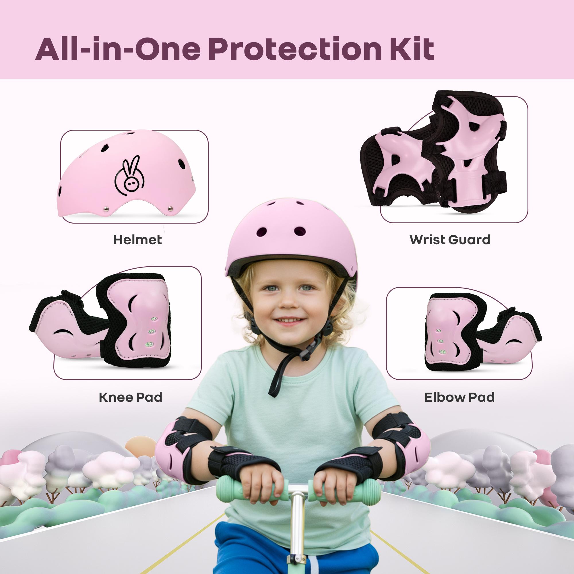 R for Rabbit Safe Play Set for Kids Safety Certified Helmet with Knee & Elbow Pads, Wrist Guards Lightweight Adjustable, Slip-Resistant & Flexible for Cycling, Scooter, Skating Age 5-13 Years (Pink)