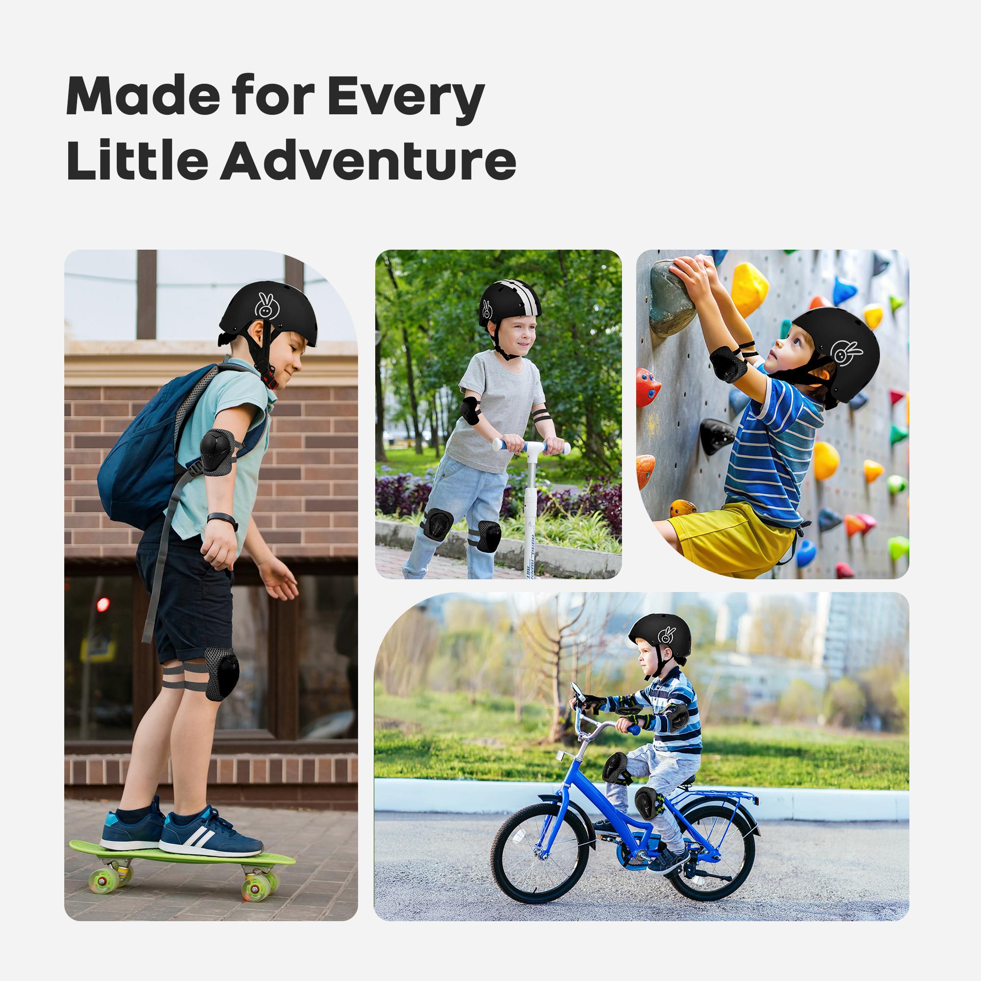 R for Rabbit Safe Play Protector Pads for Kids | Knee, Elbow & Wrist Guards Set | Adjustable Protective Gear for Cycling, Skating | PP Shell EVA Soft Liners Cushion Pads for 6-12 Years (Black Sports)