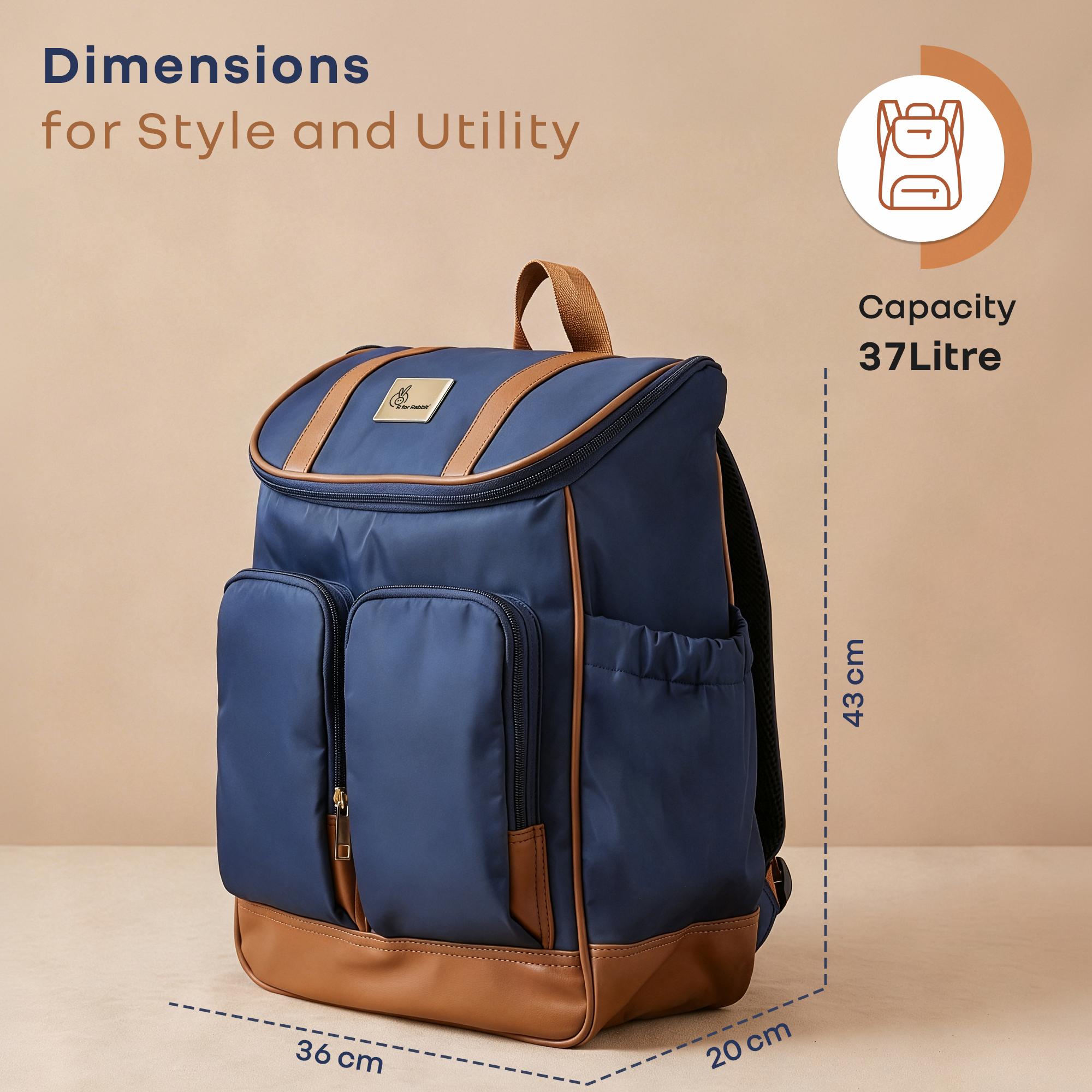 R for Rabbit Caramello Bold Hazel Diaper Bag for Moms, Premium Vegan Leather Baby Travel Bag with Insulated Bottle Pockets, 10 Multi-Purpose Pockets Maternity Backpack, 37 Litre Capacity (Blue Brown)