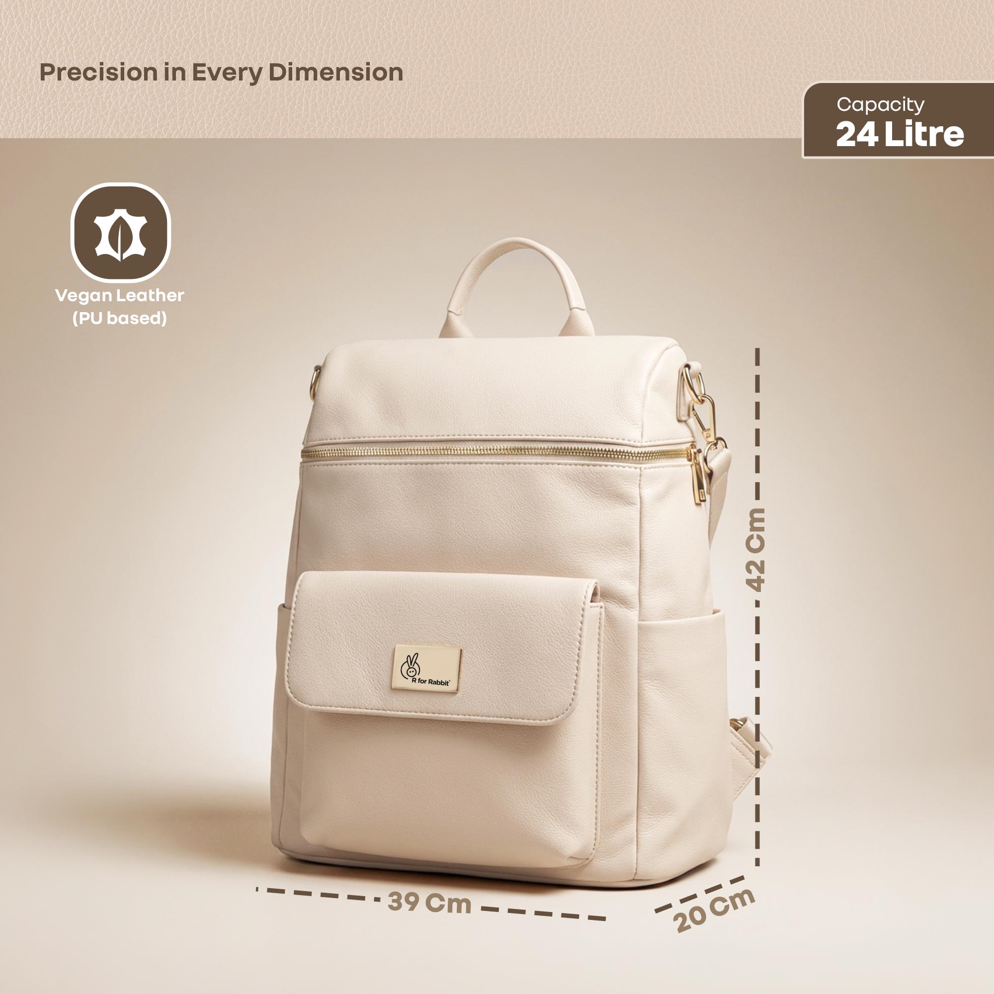 R for Rabbit Caramello Bold Ivy Diaper Bag for Moms, Premium Vegan Leather with Insulated Bottle Pockets, 7 Compartments, Maternity Travel Backpack, 24 Litre Capacity (Ivory Beige)