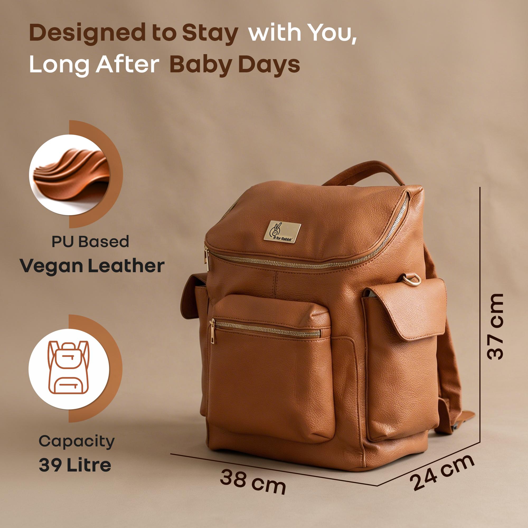 R for Rabbit Caramello Bold Neo Diaper Bag for Moms, Vegan Leather Baby Bag with Insulated Bottle Pockets, Multi-Compartment Maternity Backpack, Stylish Travel Bag Upto 39 Litre Capacity (Tan Brown)