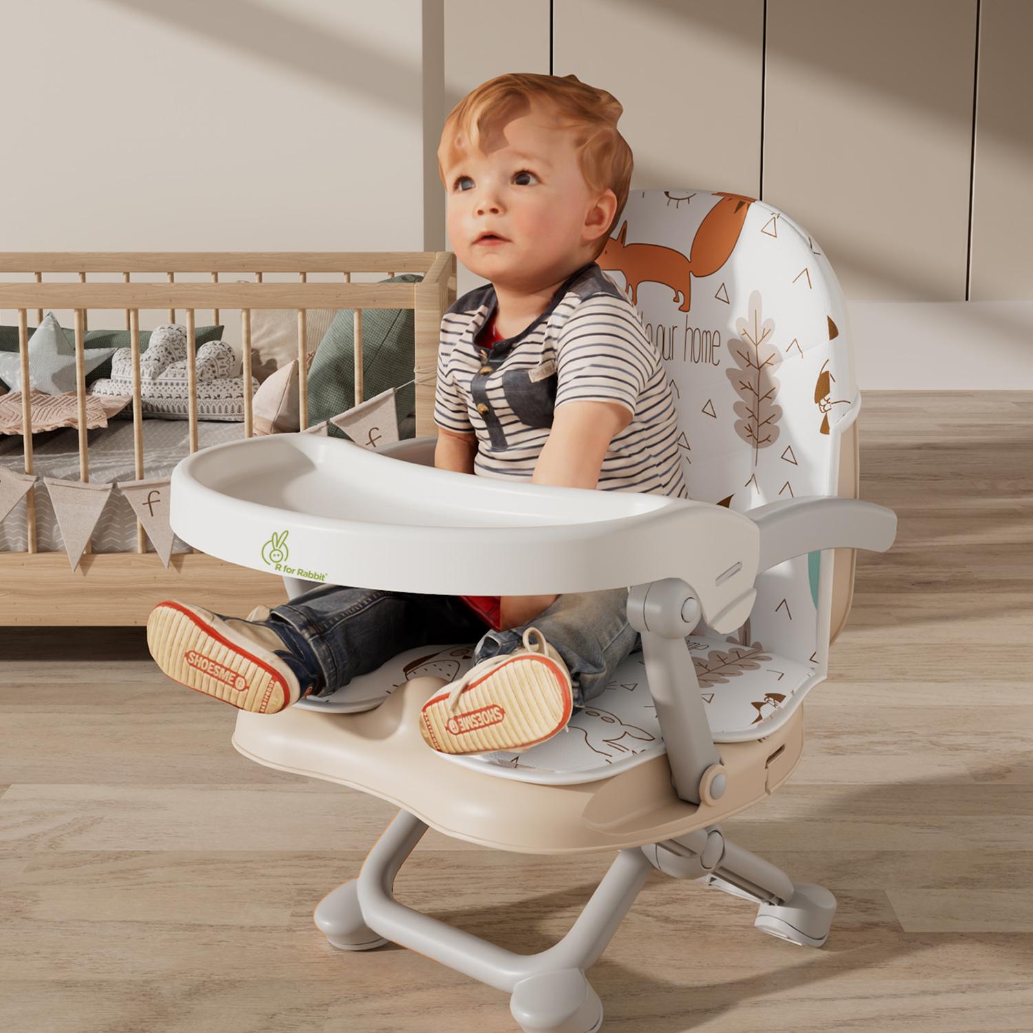 R for Rabbit Candy Pop Baby Booster Chair, 2 in 1 Kids Feeding Chair with 4 Level Height Adjustment, 3 Point Safety Belt and Removable Dining Tray for Age 6 Months to 3 Years Infants (Beige)