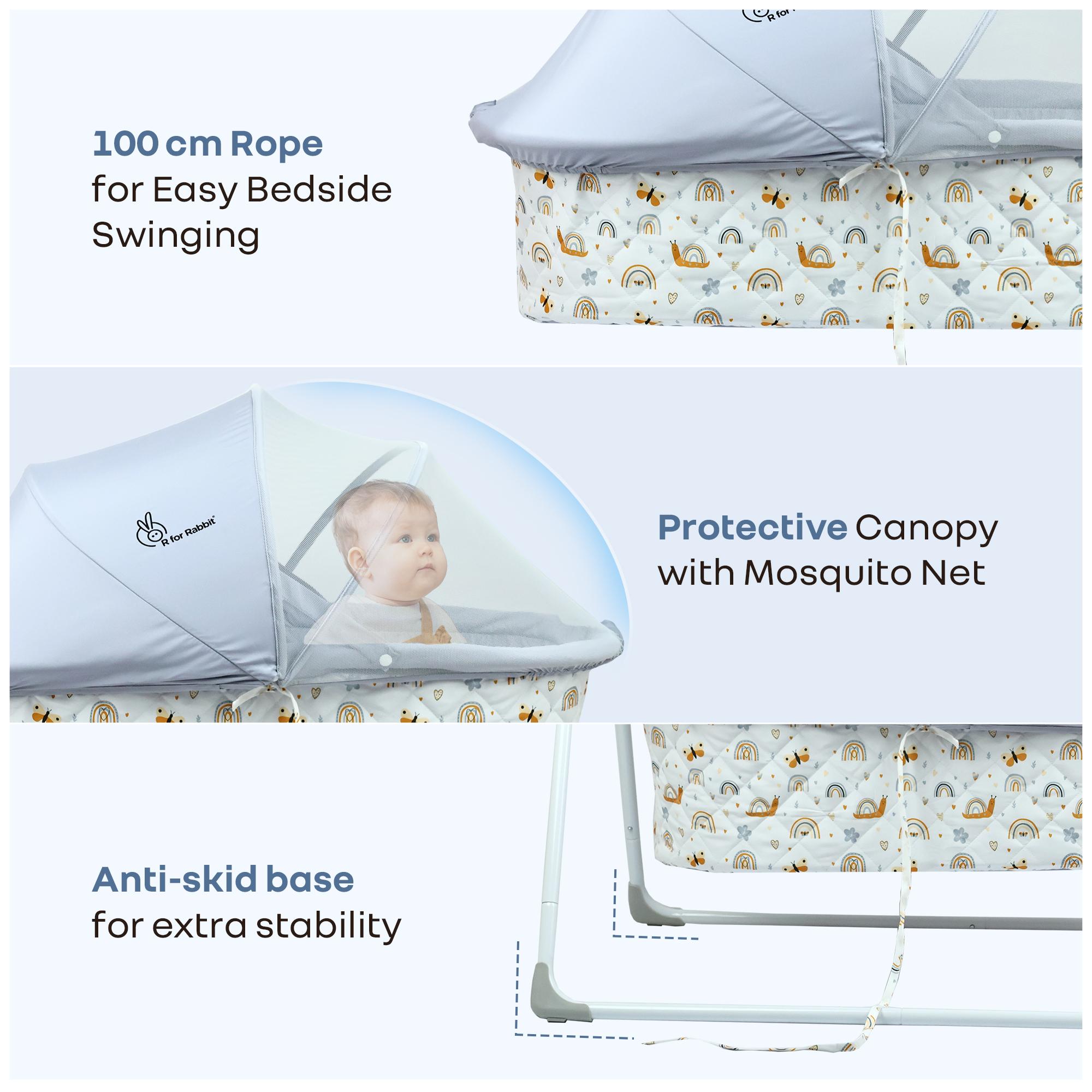 R for Rabbit Lullabies Manual Swing Cradle for New Born Baby with Mosquito Net, 5-Point Safety Harness | Quick & Easy Assembly, Sturdy & Safe Palna Jhula for 0–2 Years, Up to 12kg Kids (Grey Multi)