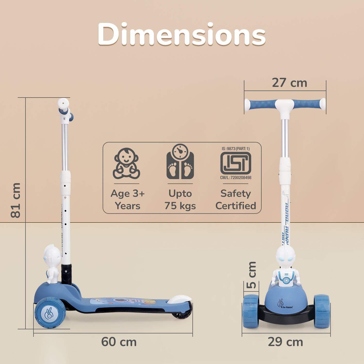 R for Rabbit Road Runner Astro Kids Scooter, Multi Level Adjustable Height, Smart Fold & PU LED Wheels Kick Scooter with Brake for 3+ Years Kids, Weight Capacity Upto 75kgs (Blue)