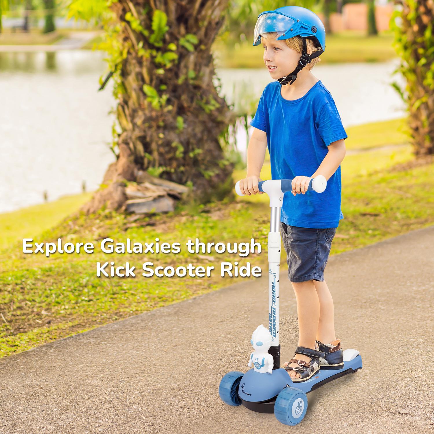 R for Rabbit Road Runner Astro Kids Scooter, Multi Level Adjustable Height, Smart Fold & PU LED Wheels Kick Scooter with Brake for 3+ Years Kids, Weight Capacity Upto 75kgs (Blue)