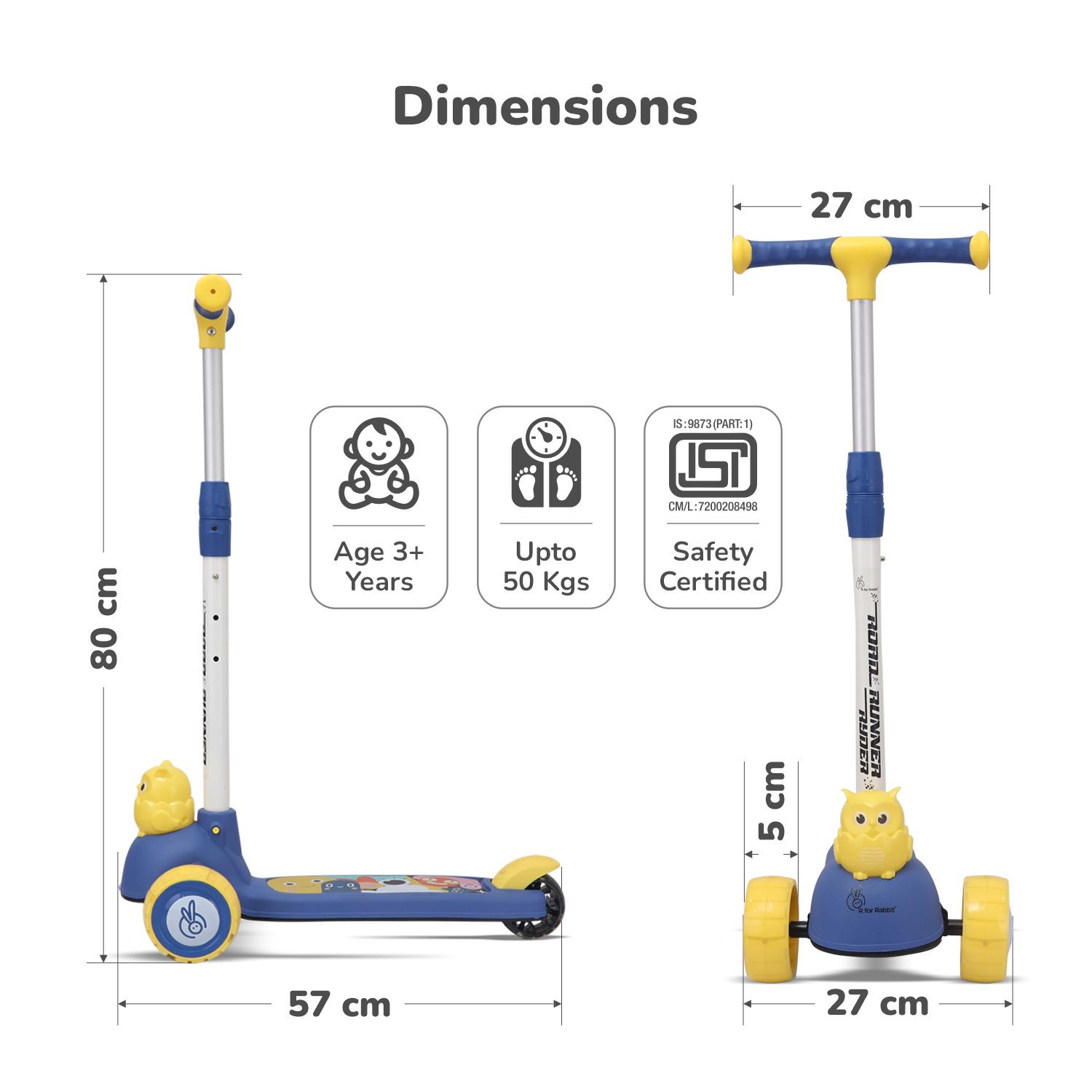 R for Rabbit Road Runner Ryder Kids Scooter, 3 Level Adjustable Height Wide Deck & PU LED Wheels Kick Scooter with Brake for 3+ Years Kids, Weight Capacity Upto 50kgs (Blue Yellow)