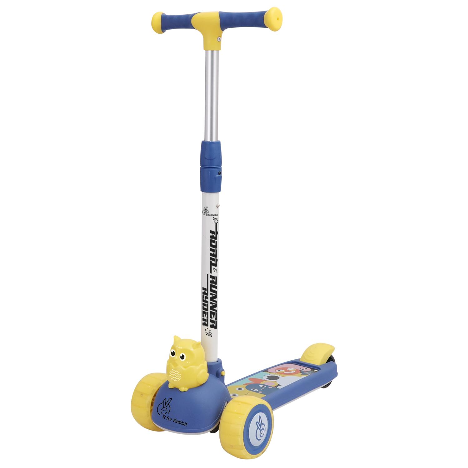 R for Rabbit Road Runner Ryder Kids Scooter, 3 Level Adjustable Height Wide Deck & PU LED Wheels Kick Scooter with Brake for 3+ Years Kids, Weight Capacity Upto 50kgs (Blue Yellow)