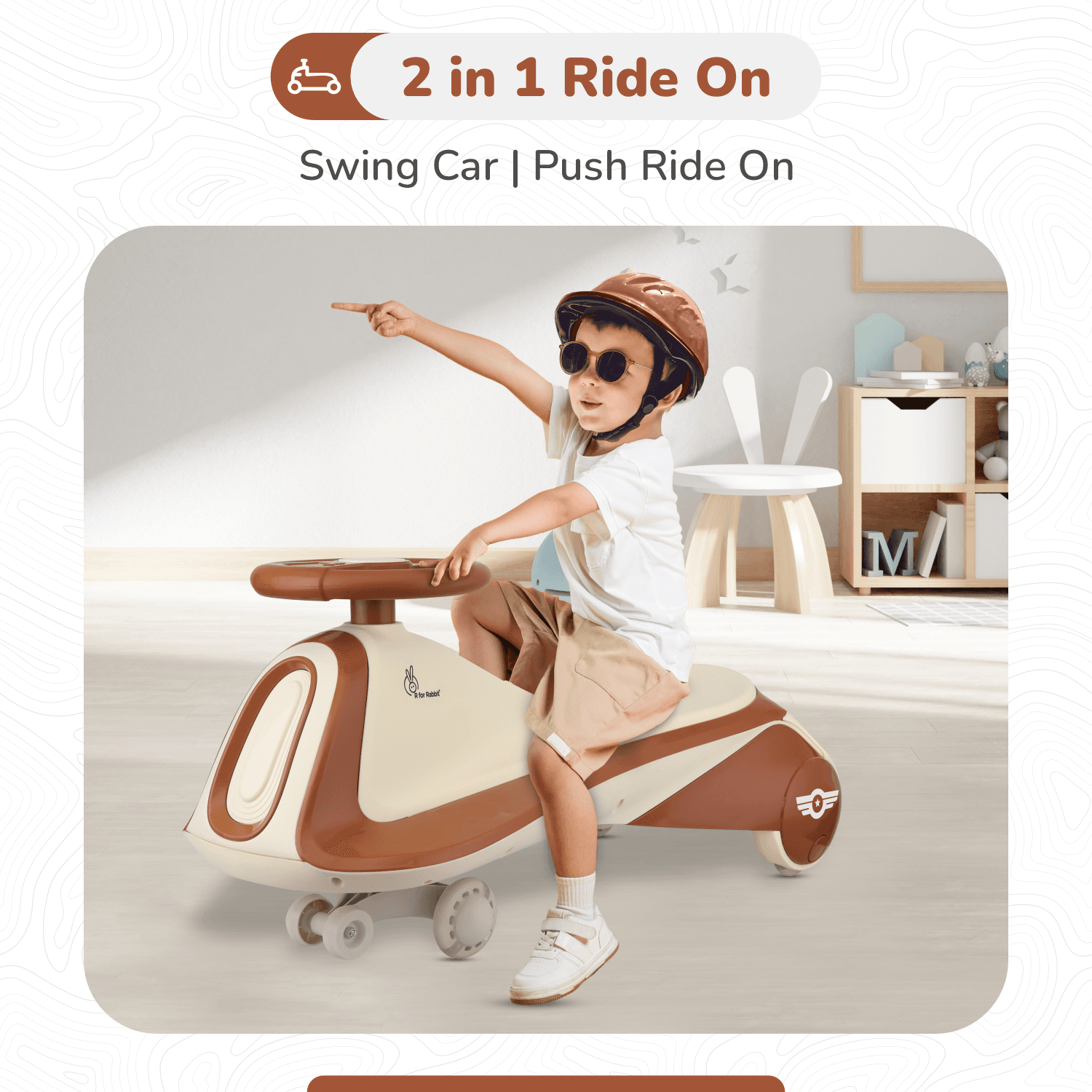 R for Rabbit Iya Iya Sportz Swing Car for Kids, Twister Magic Ride on Car with Scratch Free PU LED Wheel for 3+ Years Baby Boy & Girl, Weight Capacity Upto 100 Kg (Cream Brown)
