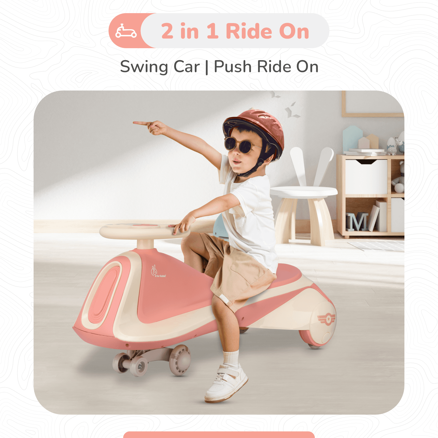 R for Rabbit Iya Iya Sportz Swing Car for Kids, Twister Magic Ride on Car with Scratch Free PU LED Wheel for 3+ Years Baby Boy & Girl, Weight Capacity Upto 100 Kg (Peach Grey)