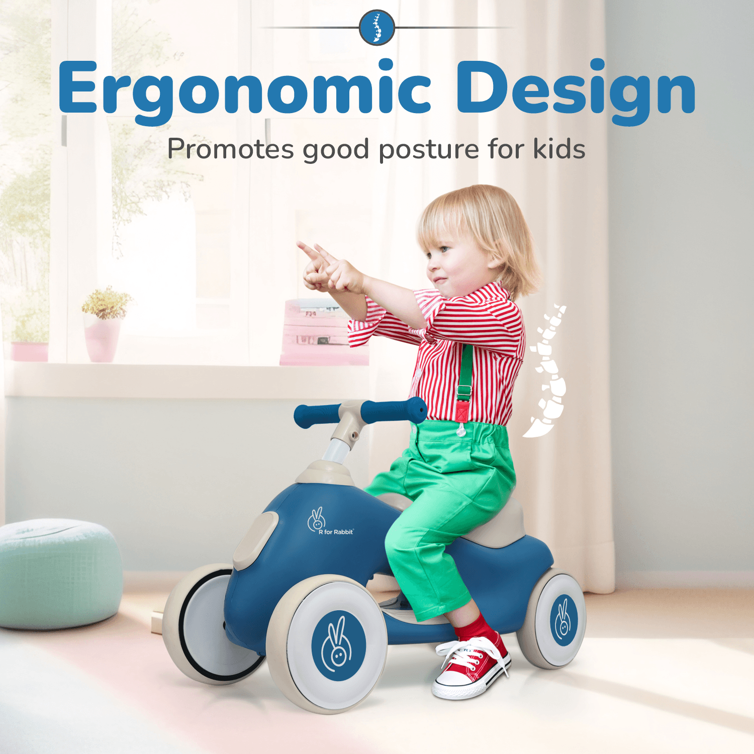 R for Rabbit Speedster Zoomy Push Ride-On for Baby, Wide TPE Wheels with Ergonomic & Comfortable Seat, Non Slip Footrest for 1 to 4 Years Kids, 20 Kgs Weight Capacity (Blue Grey)