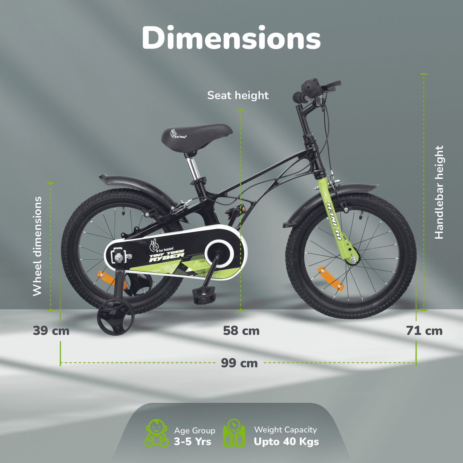 R for Rabbit Tiny Toes Ryder 14T Magnesium Frame Bicycle for Kids 3-5 Years Boys & Girls | 14 Inch Baby Cycle with Training Wheels, Up to 40 Kg Weight Capacity- 90% Pre-Installed (Black Green)