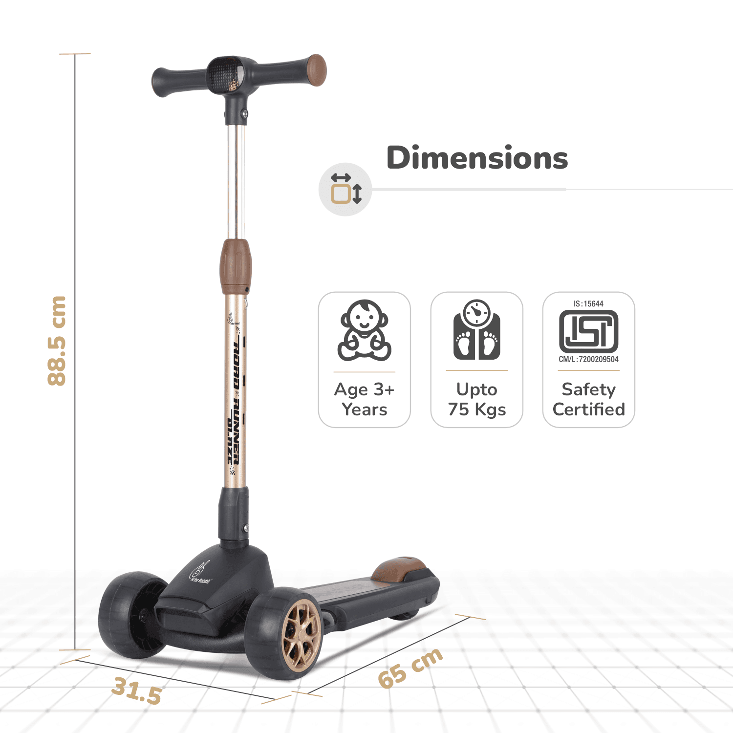R for Rabbit Road Runner Blaze Foldable Kick Scooter for Kids with 4 Level Adjustable Height, PU LED Wheels, Lights and Music for 3+ Years Baby Boy & Girl of Upto 75kg Weight (Black Gold)