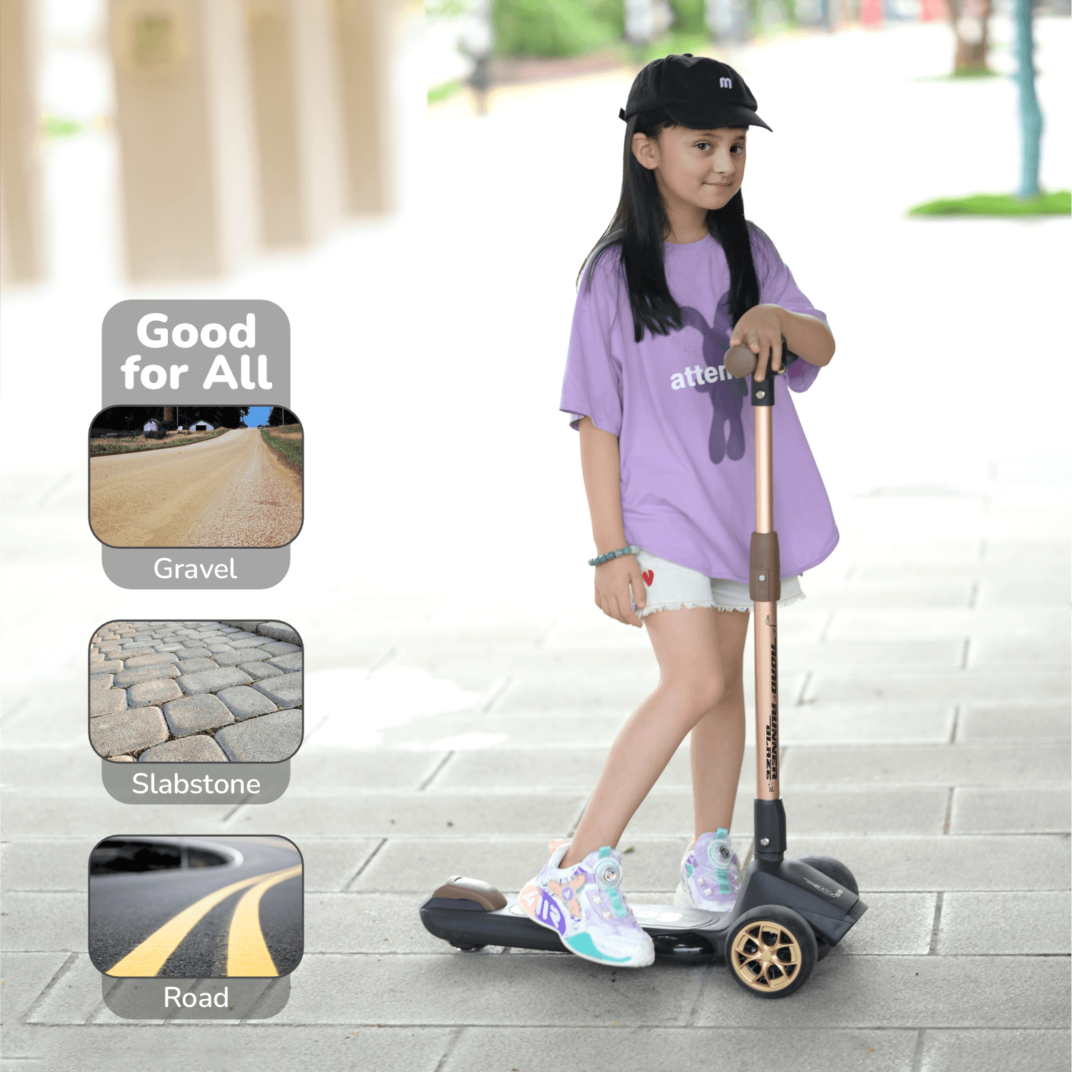 R for Rabbit Road Runner Blaze Foldable Kick Scooter for Kids with 4 Level Adjustable Height, PU LED Wheels, Lights and Music for 3+ Years Baby Boy & Girl of Upto 75kg Weight (Black Gold)