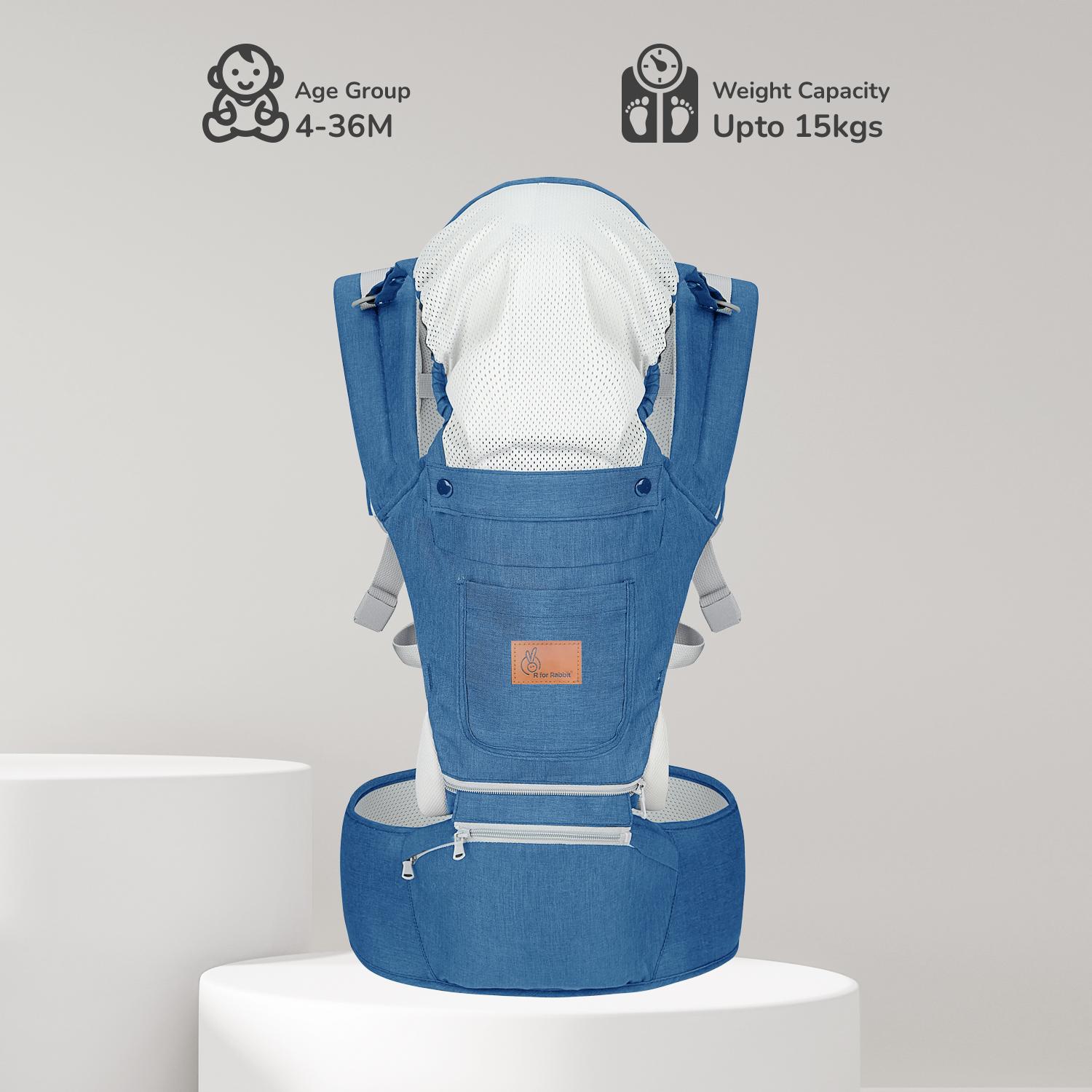 R for Rabbit Upsy Daisy Ergo Baby Carrier for New Born | 8 in 1 Hip Seat Front and Back Carry Position Adjustable Straps Kangaroo Bags for 4 to 36 Months Kids Upto 15 Kg (Denim Blue)