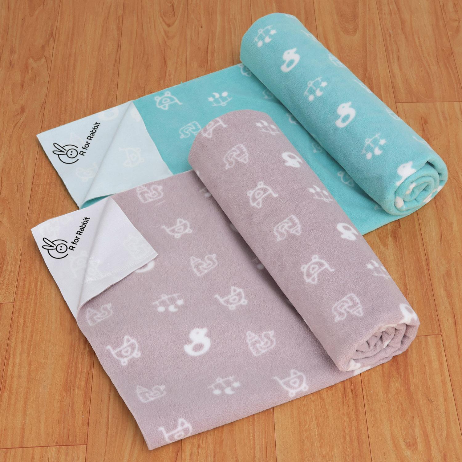 R for Rabbit Waterproof Quick Dry Sheet for Baby | Anti-Piling Fleece Breatheable Fabric Extra Absorbent Instant Dry Baby Bed/Cot Protector Mat (Size-S,Blue-Grey,Pack of 2 Combo)