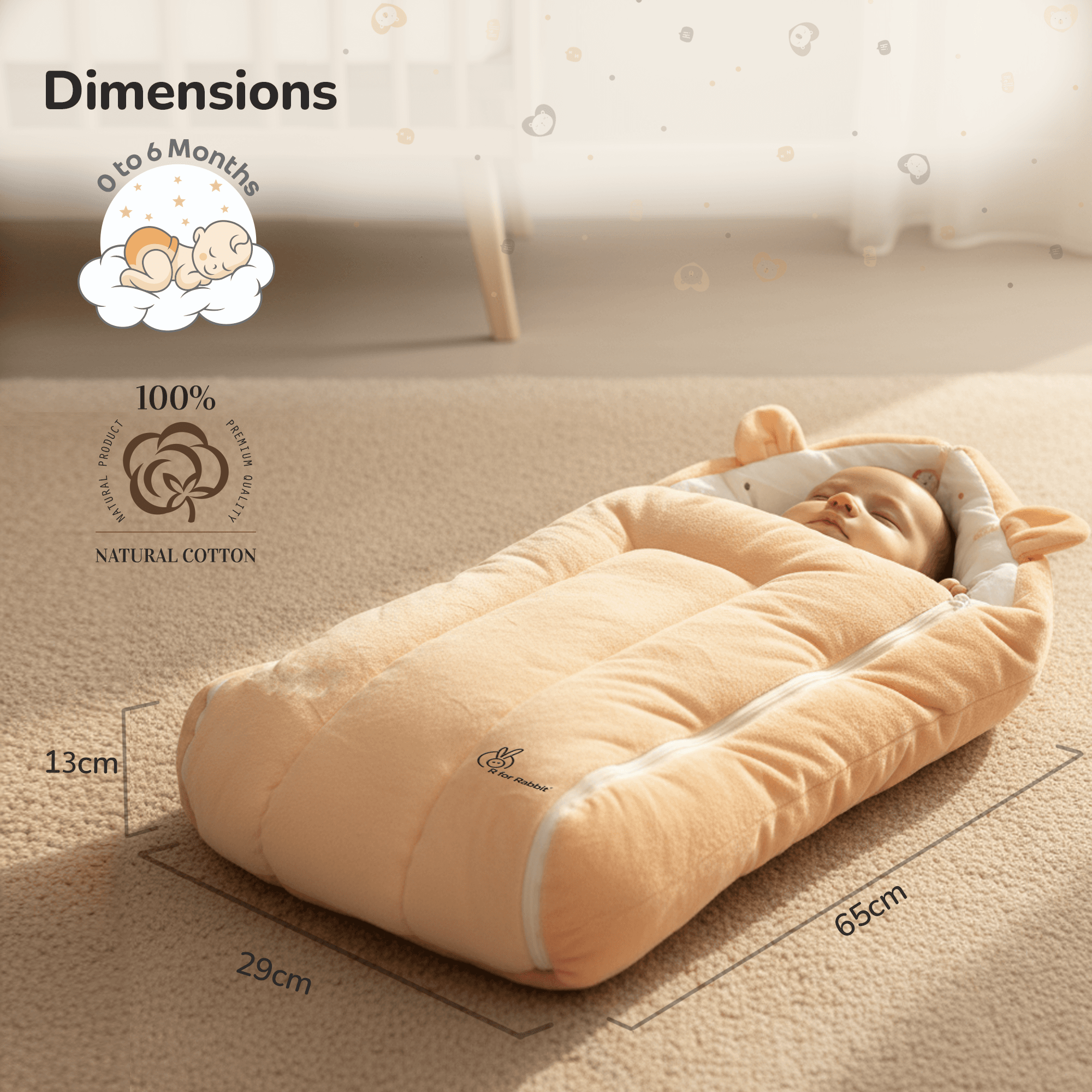 R for Rabbit Snuggy Cucoon Baby Carry Nest Ultra Soft Fleece Outer Layer with 100% Cotton Inner Fabric, Dual Zipper, Multipurpose Travel-Friendly Bedding (Teddy Beige)