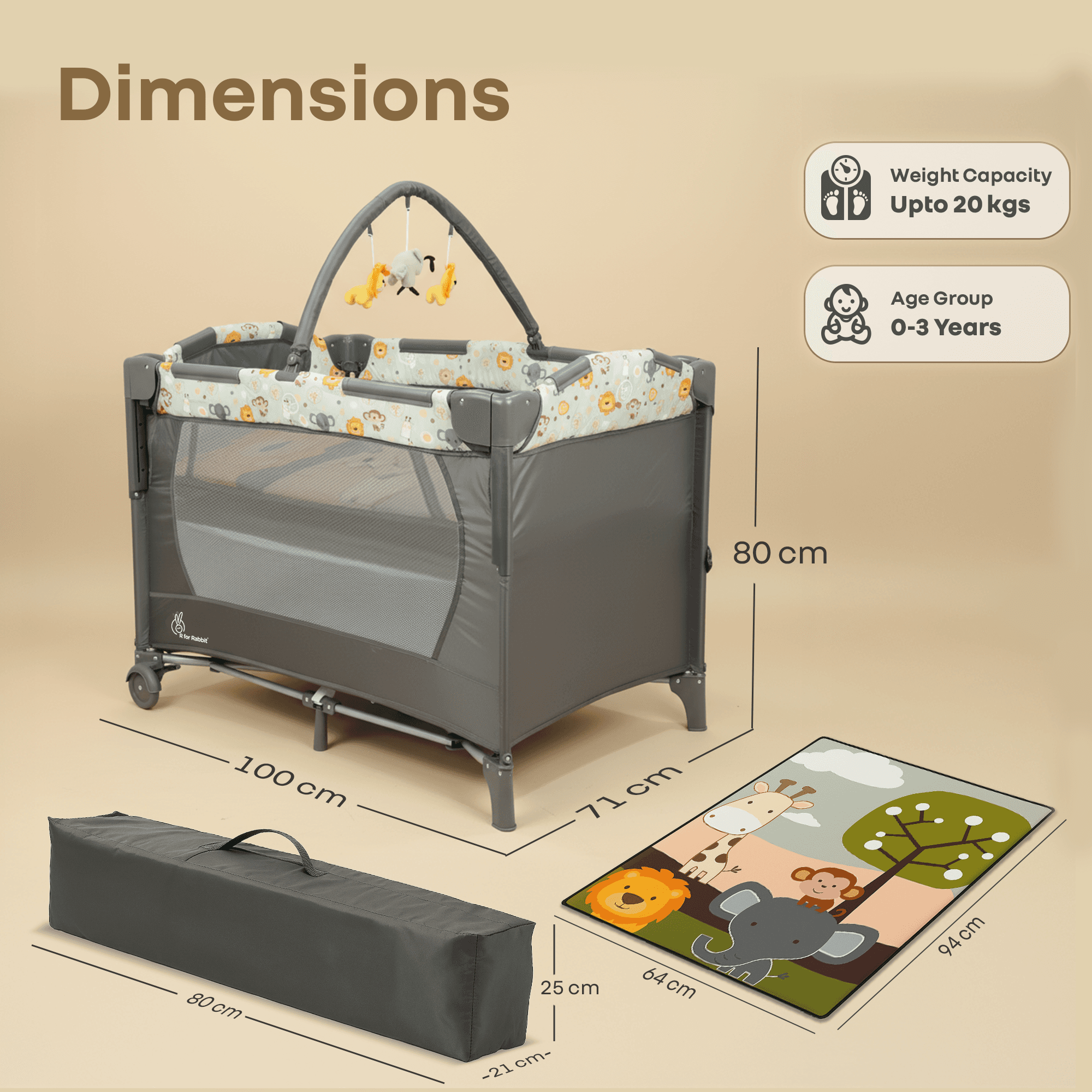 R for Rabbit Hide N Seek Bliss Baby Cot Foldable with Travel Bag Convertible to Playpen Soft Cushioned Comfort Bedside Bassinet Mode for Kids 0-3 Years Weight Capacity Upto 20 kgs (Black Multi)
