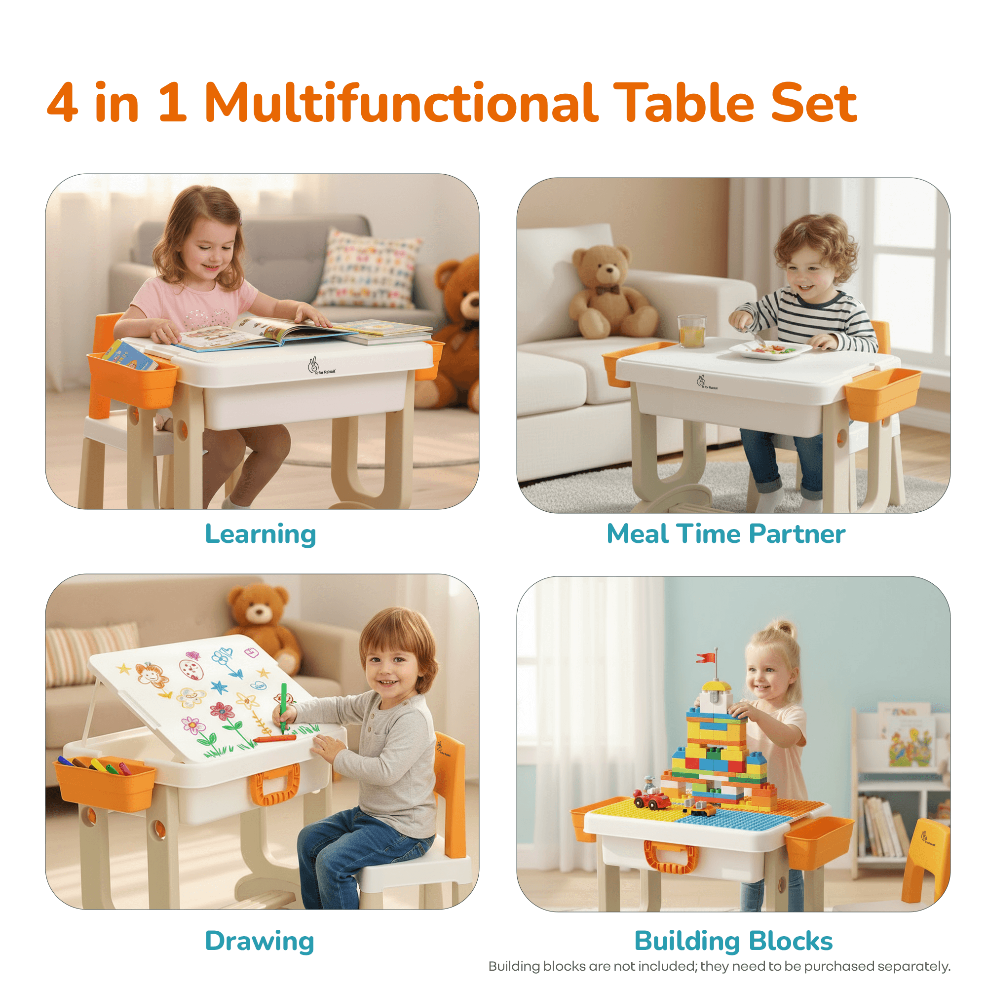 R for Rabbit Little Genius Learner Polypropylene Kids Study Table & Chair Set with Storage 4-in-1 Multifunctional Desk for 3-7 Years Children, Weight Capacity Upto 40kgs (Grey Multi)