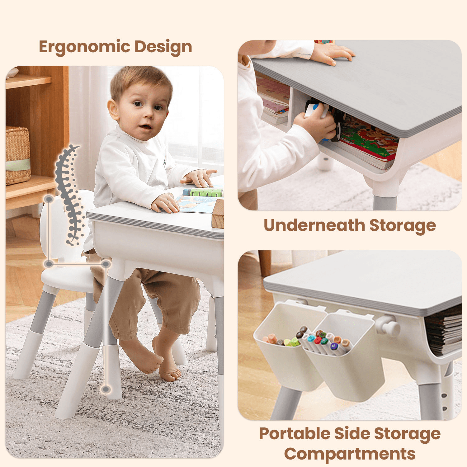 R for Rabbit Little Genius Woodland Baby Study Table & Chair Set for 3-7 Years Kids with Storage Box, Height Adjustment Plug & Play Installation Desk Set Upto 50kgs Weight Capacity (Grey)