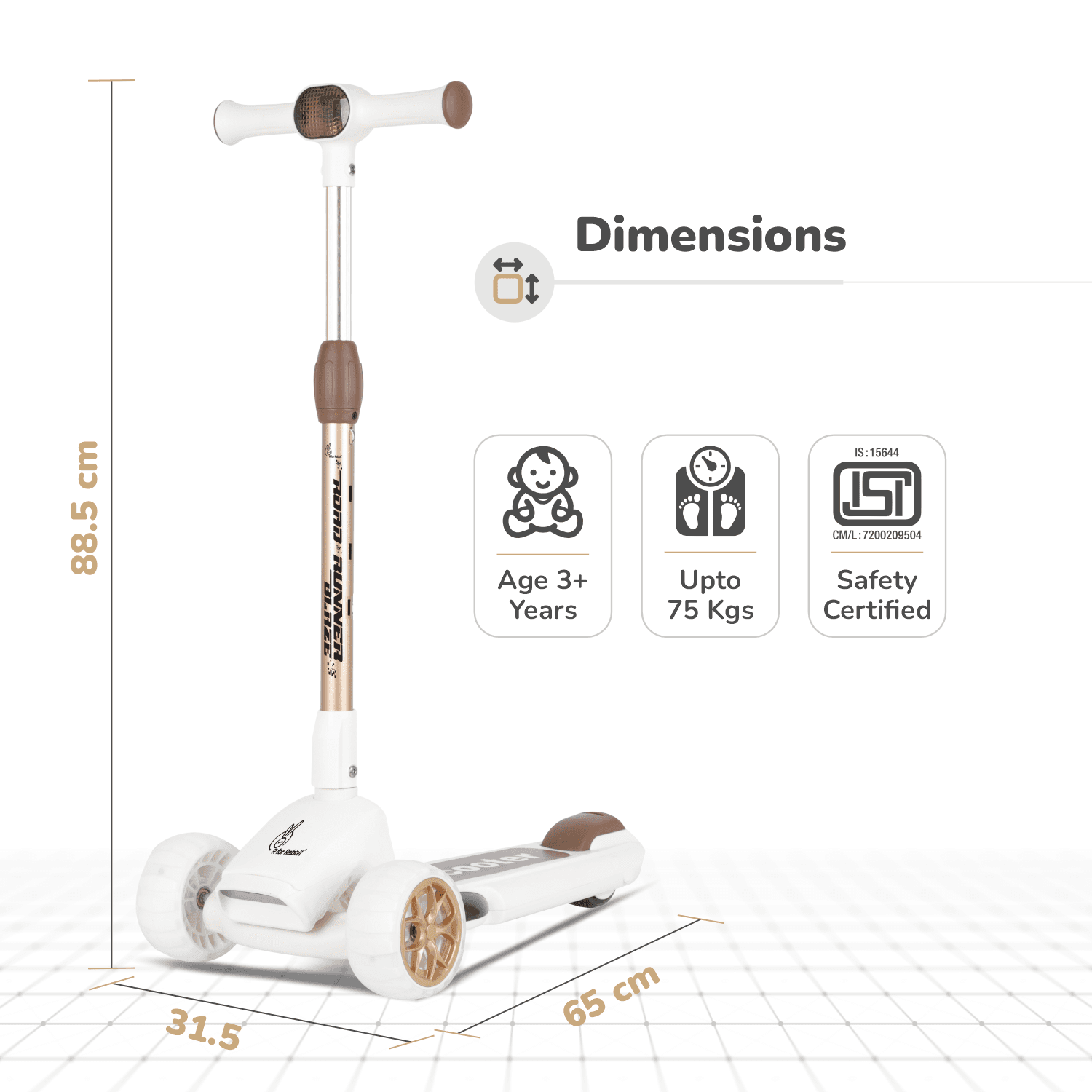 R for Rabbit Road Runner Blaze Foldable Kick Scooter for Kids with 4 Level Adjustable Height, PU LED Wheels, Lights and Music for 3+ Years Baby Boy & Girl of Upto 75kg Weight (Cream Gold)