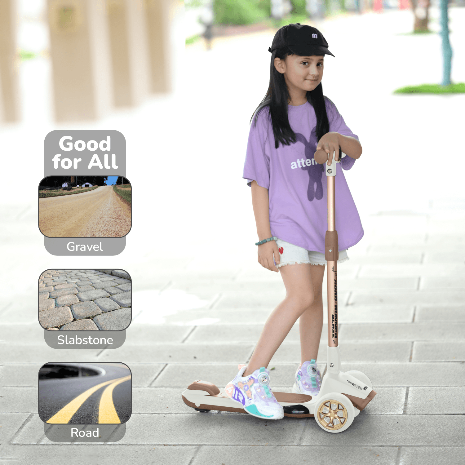 R for Rabbit Road Runner Blaze Foldable Kick Scooter for Kids with 4 Level Adjustable Height, PU LED Wheels, Lights and Music for 3+ Years Baby Boy & Girl of Upto 75kg Weight (Cream Gold)
