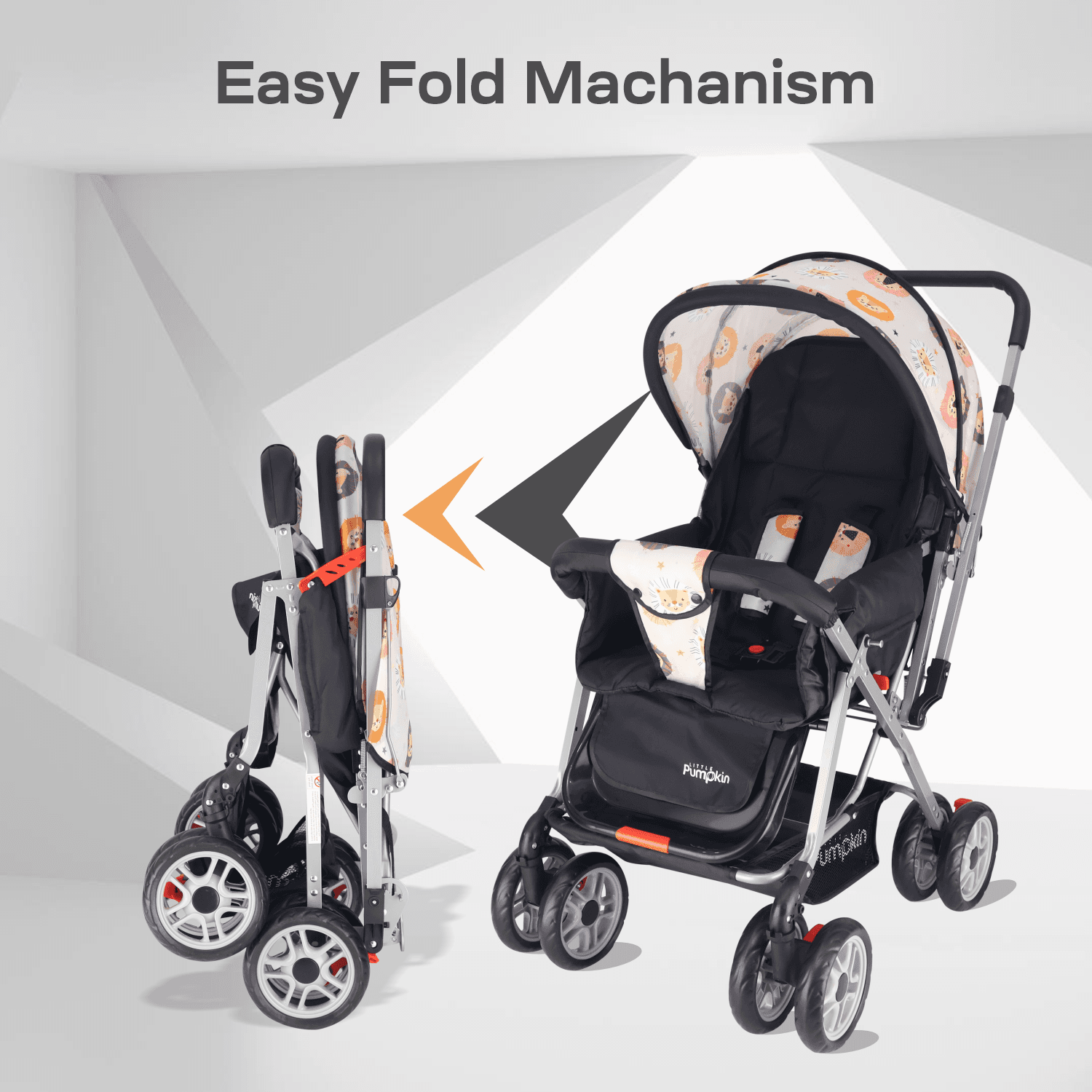 Little Pumpkin by R for Rabbit Kiddie Kingdom Baby Stroller Pram with 3 Position Recline, Adjustable Backrest, 360° Swivel Wheel, Storage Basket, Reversible Handle for Kids 0 to 3 Years (Black Safari)