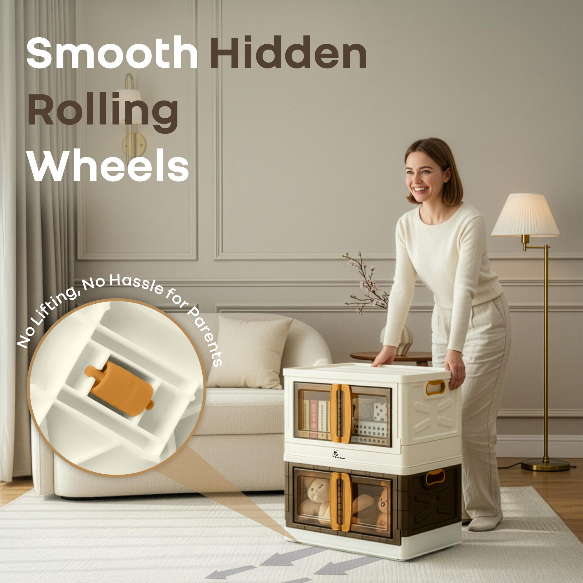 R for Rabbit Kiddo Korner Pod Kids Organizer Storage Box | 20L Modular Stackable Wardrobe with Wheels | Space-Saver Cabinet Bins with Door | Easy Plug N Play Installation (Set of 2, Beige Brown)