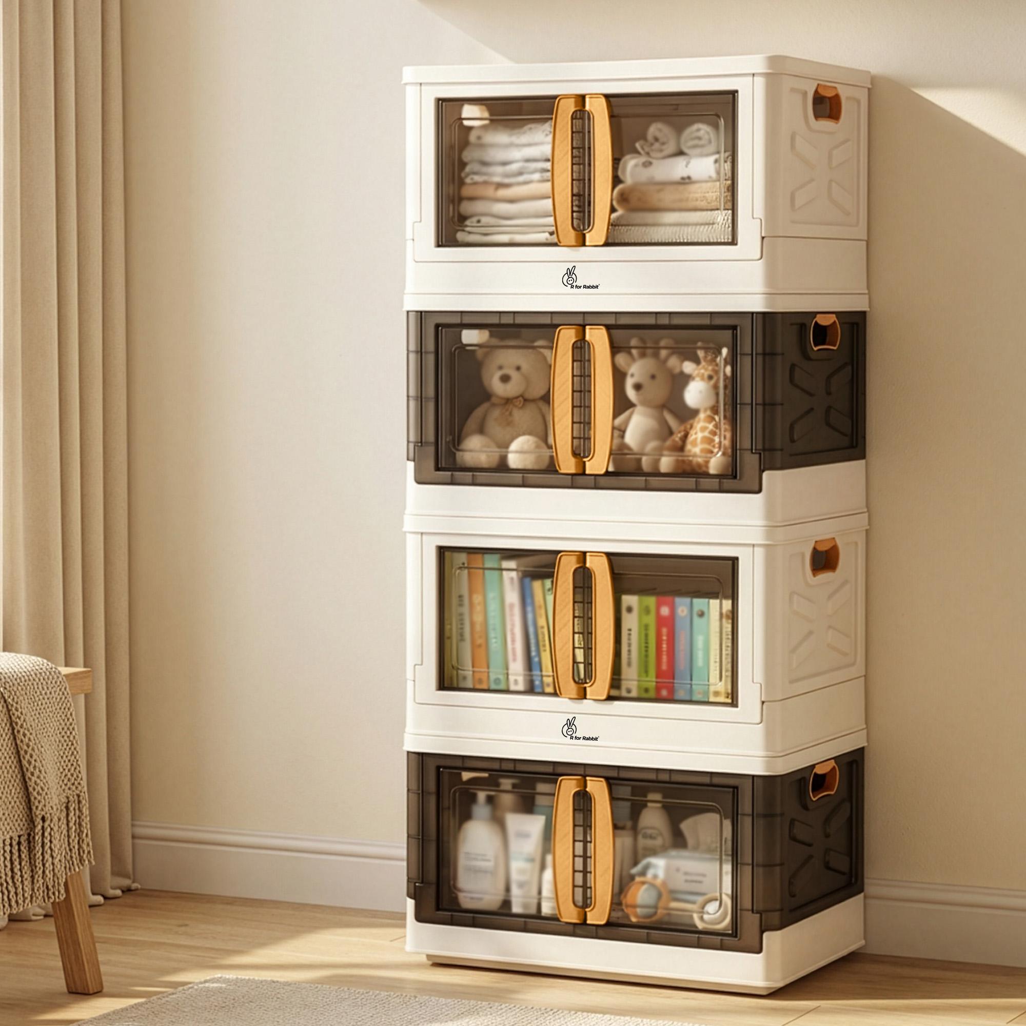 R for Rabbit Kiddo Korner Pod Kids Organizer Storage Box | 20L Modular Stackable Wardrobe with Wheels | Space-Saver Cabinet Bins with Door | Easy Plug N Play Installation (Set of 4, Beige Brown)