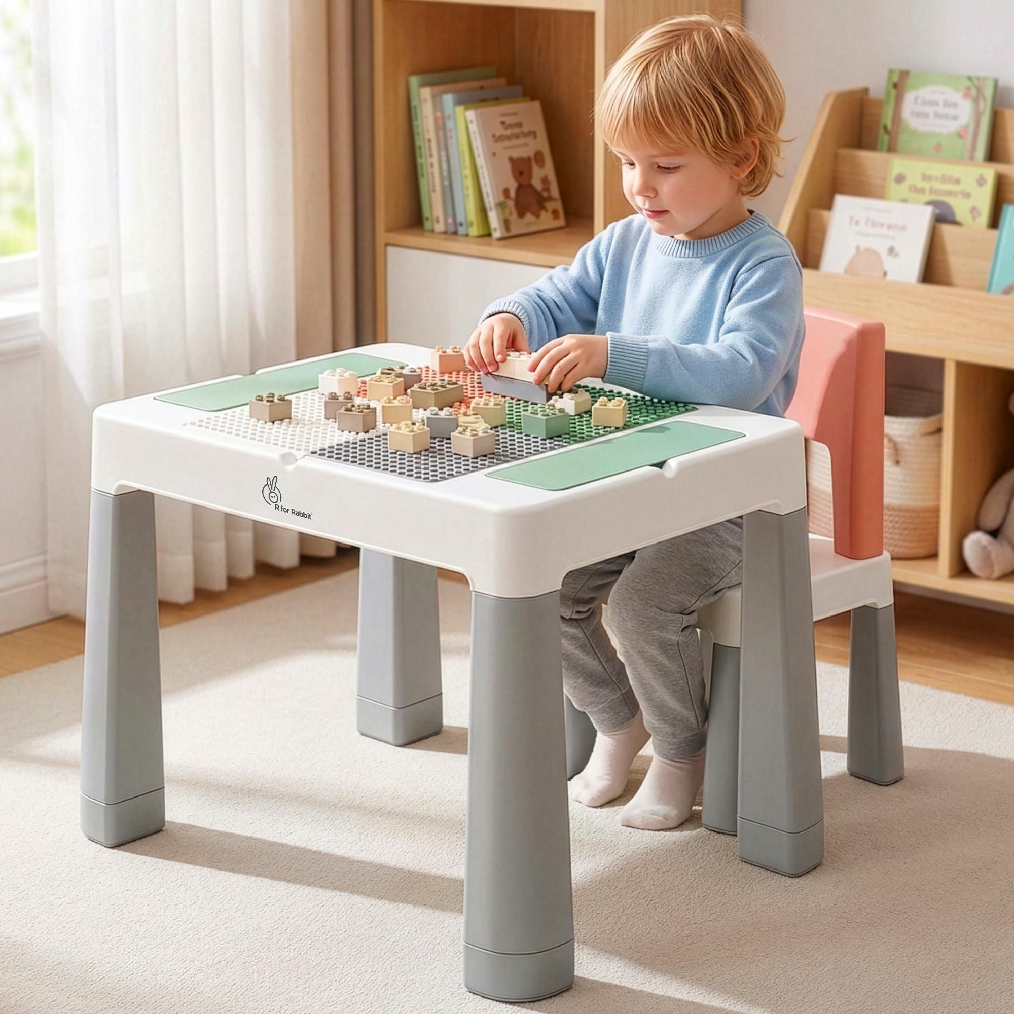 R for Rabbit Little Genius Learner Neo Kids Study Table & Chair Set with Storage, Height Adjustable | Activity Desk for Drawing, Learning, Meals & Play, Up to 40kg Weight for 3-7 Years (Grey Multi)