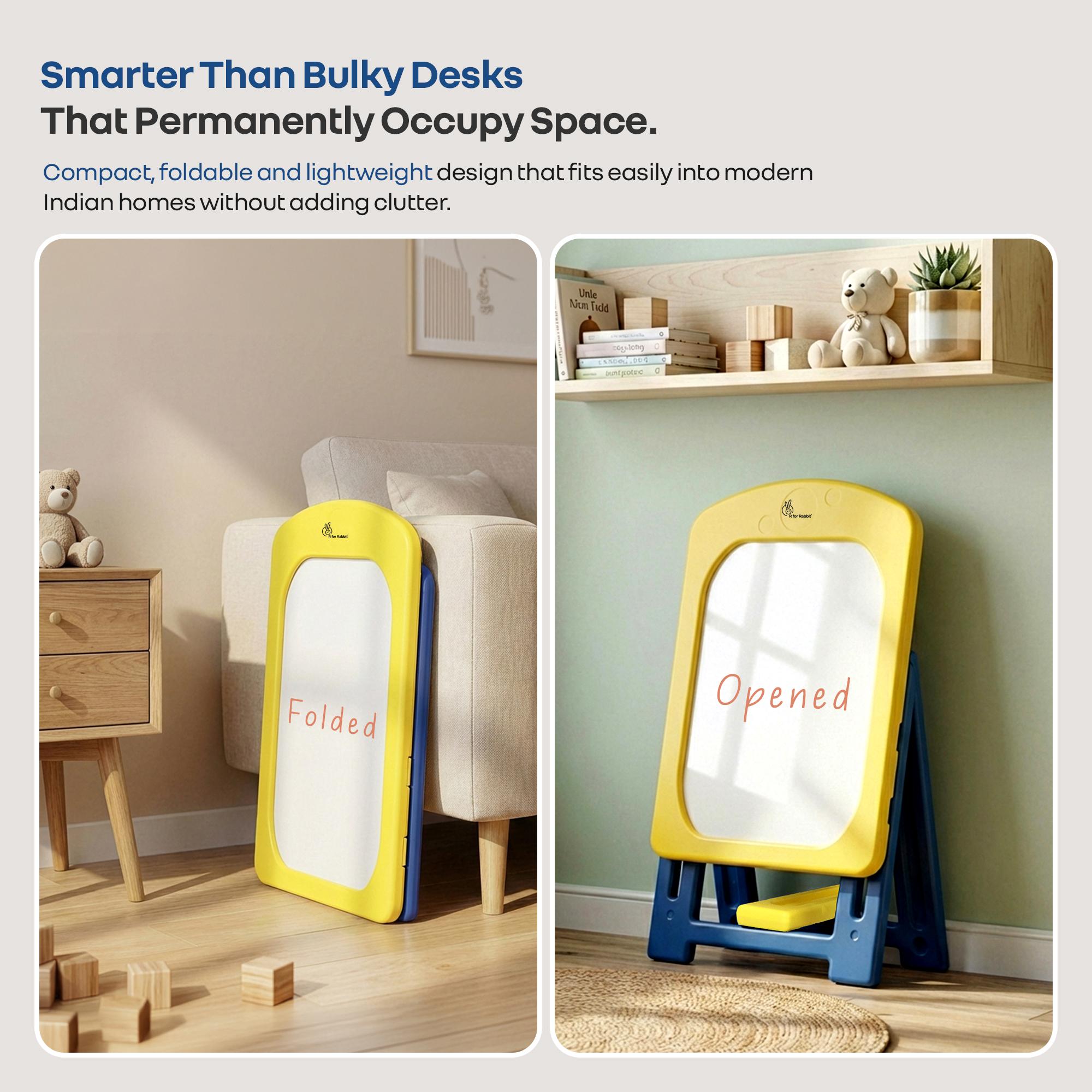 R for Rabbit Little Genius Doodle Whiteboard for Kids Drawing Activity Board Rounded Corner Design Foldable 7-Level Adjustable Height & Handy Storage Tray for 3-7 Years Kids (Yellow Blue)
