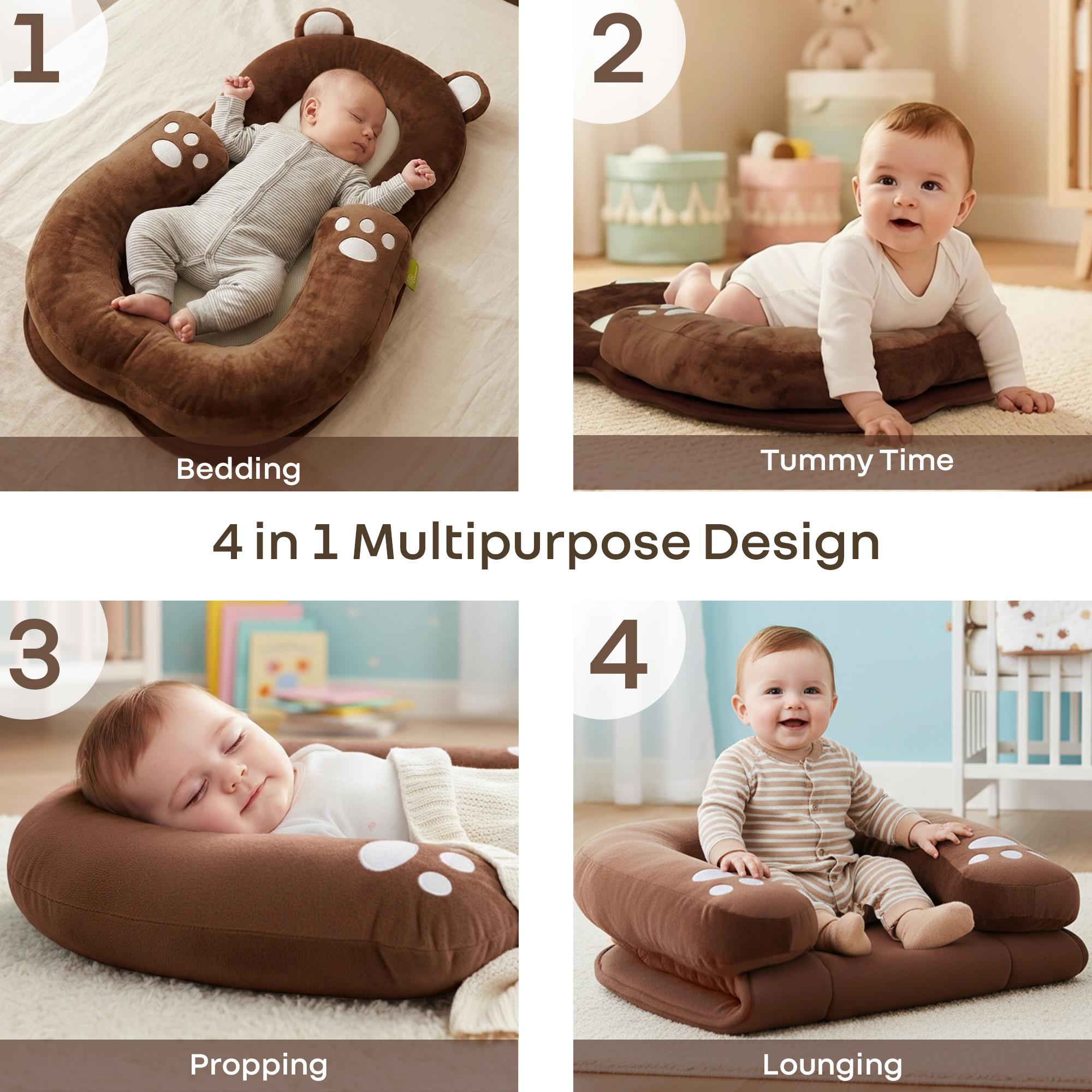 Snuggy Teddy Baby Nest Lounger - 4 in 1 Multipurpose Baby Bedding with Head Support Pillow, Plush Fabric, U-Shaped Cushion Design & Travel Friendly Baby Nest (0+ Months) - Brown