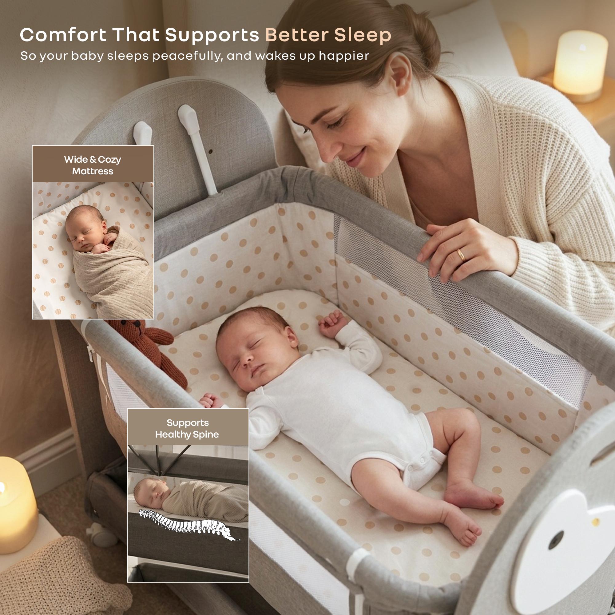 R for Rabbit Lullabies Woodsy Snowy Manual Swing Wooden Baby Cradle for Newborn 0-18 Months | Cot/Bassinet with Mattress, Mosquito Canopy Net, Lockable Wheels & Storage Basket, Upto 15 Kg (Grey White)