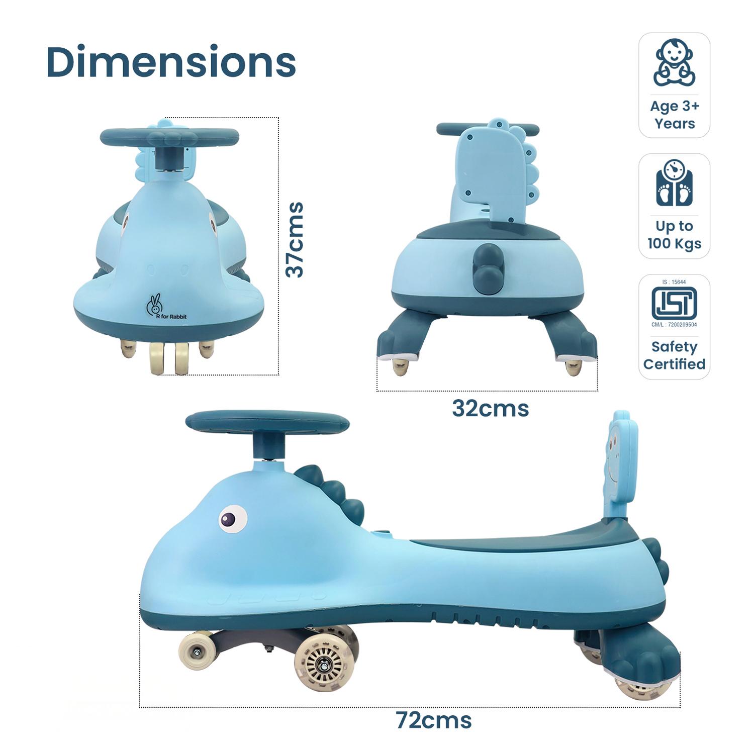 R for Rabbit Iya Iya Dino Kids Swing Car, Twister Panda Car with PU LED Wheels ABEC 7 Bearing with Music, Push Ride on for 3+ Years Baby Boy Girl, 100 Kgs Weight Capacity (Sky Blue)