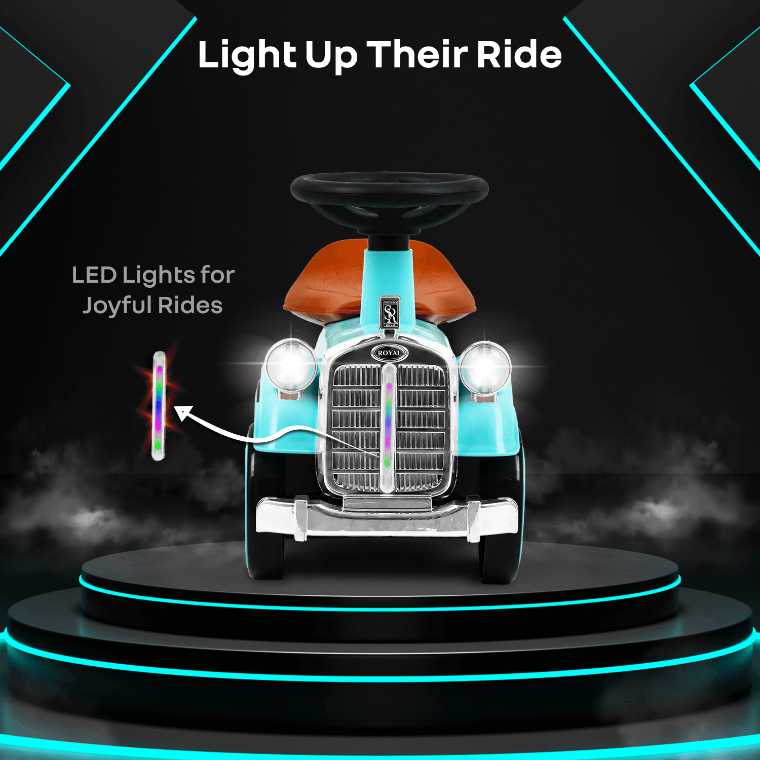 R for Rabbit Speedster Royal Ride on Car for Kids, Baby Vintage Looks Stylish Ride Car with LED Light & Horn Boys Girls Age 1-4 Years, Weight Capacity Up to 20Kgs (Blue Brown)