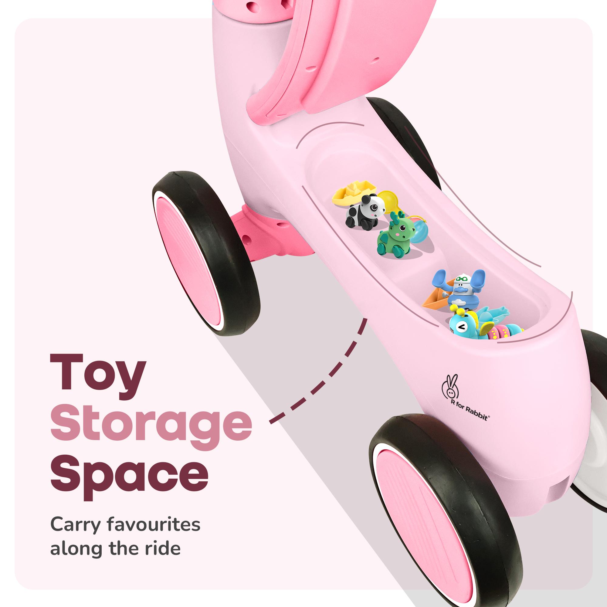 R for Rabbit Speedster Glider Push Ride on Car for Kids Baby Balance Bike with Music and LED Lights Scratch-Free Wheels Toy Storage Space for 1-4 Years Boys Girls, Weight Capacity Up to 20Kgs (Pink)