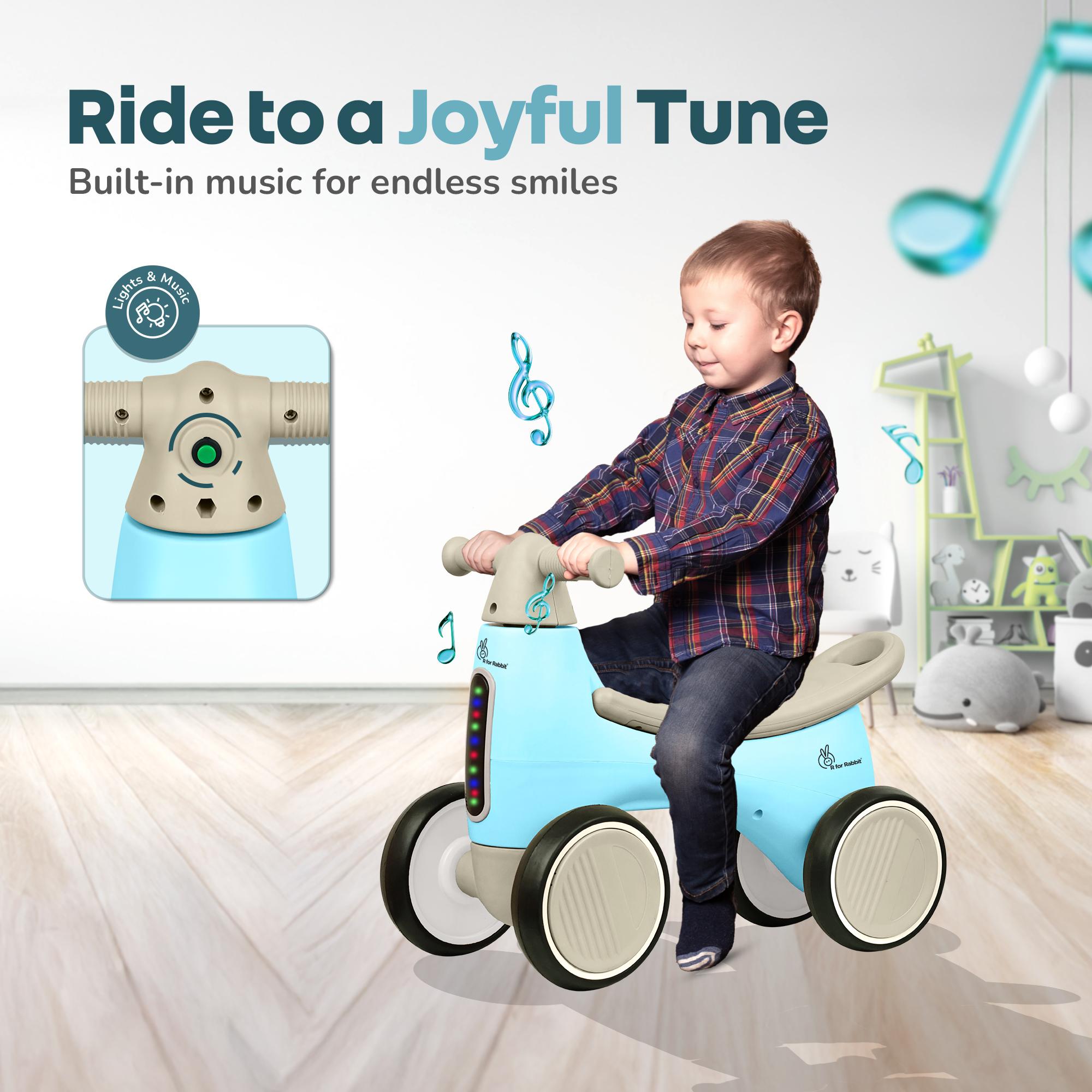 R for Rabbit Speedster Glider Push Ride on Car for Kids Baby Balance Bike with Music and LED Lights Scratch-Free Wheels Toy Storage Space for 1-4 Years Boys Girls, Weight Capacity Up to 20Kgs (Blue)