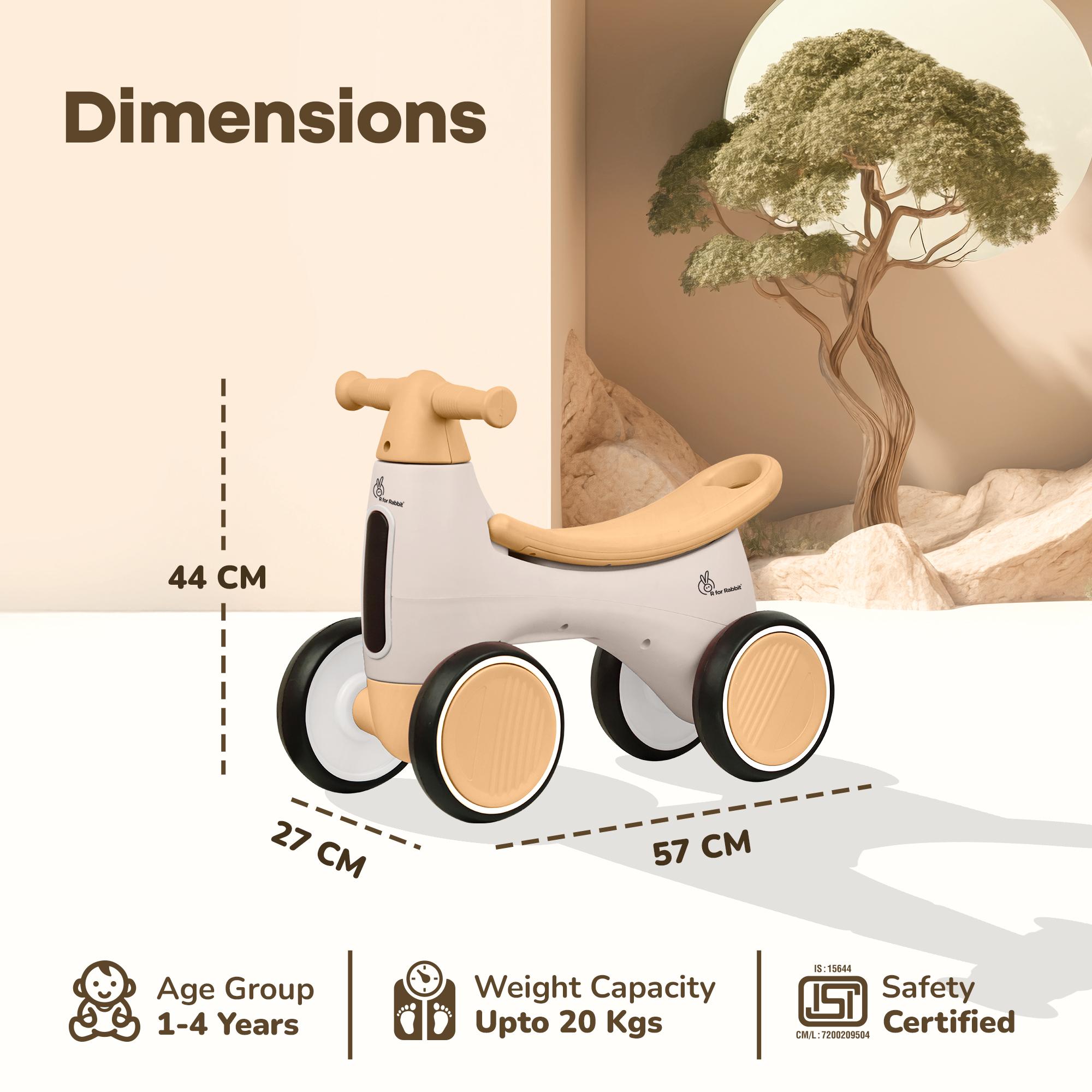 R for Rabbit Speedster Glider Push Ride on Car for Kids Baby Balance Bike with Music and LED Lights Scratch-Free Wheels Toy Storage Space for 1-4 Years Boys Girls, Weight Capacity Up to 20Kgs (Beige)