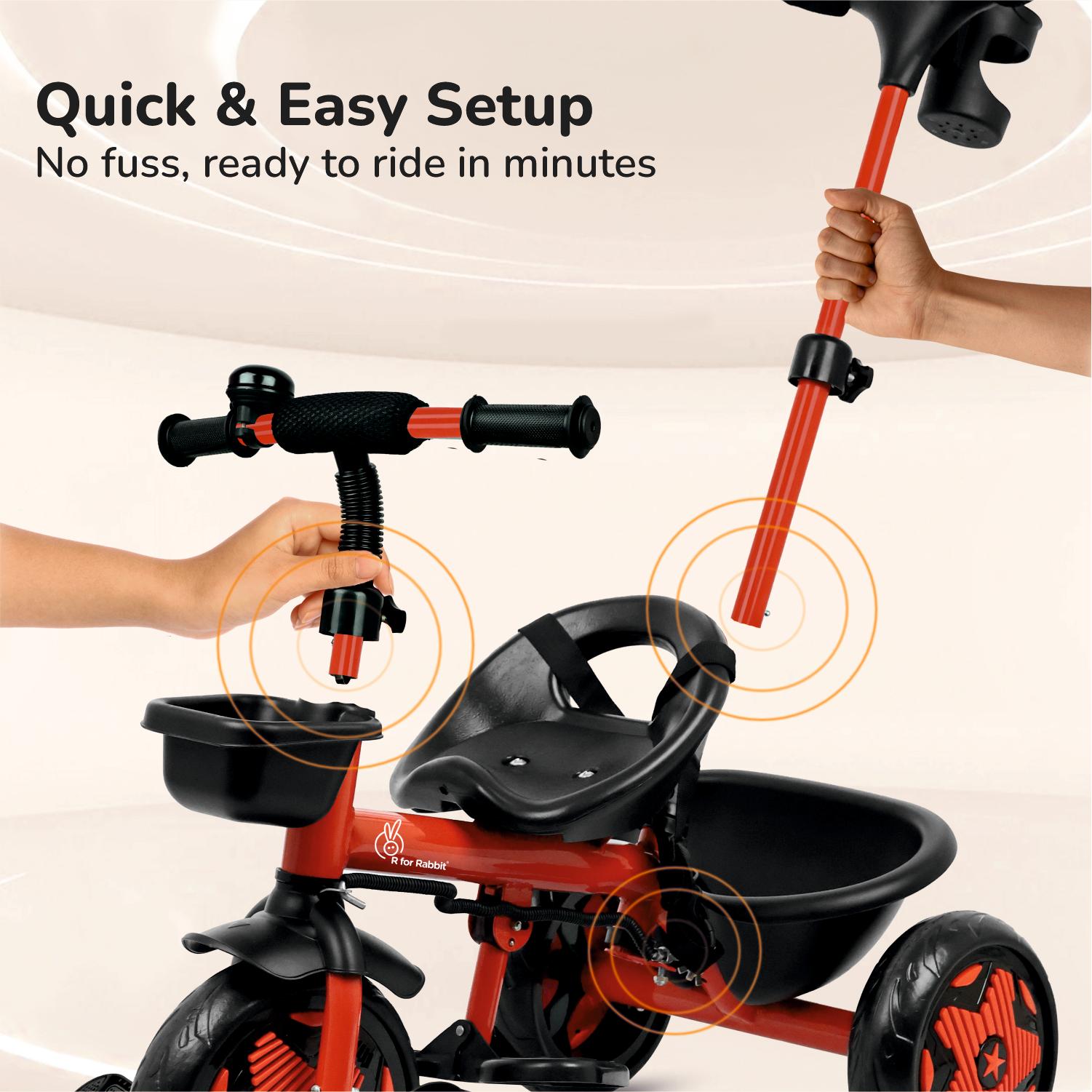 R for Rabbit Tiny Toes R20 Ace Tricycle for Kids with Parental Control, Premium EVA Wheels, Seat Belt & Bell and Storage Basket | Baby Trike Cycle for 2 to 5 Year, Upto 25 Kg Boy/Girl (Cherry Red)