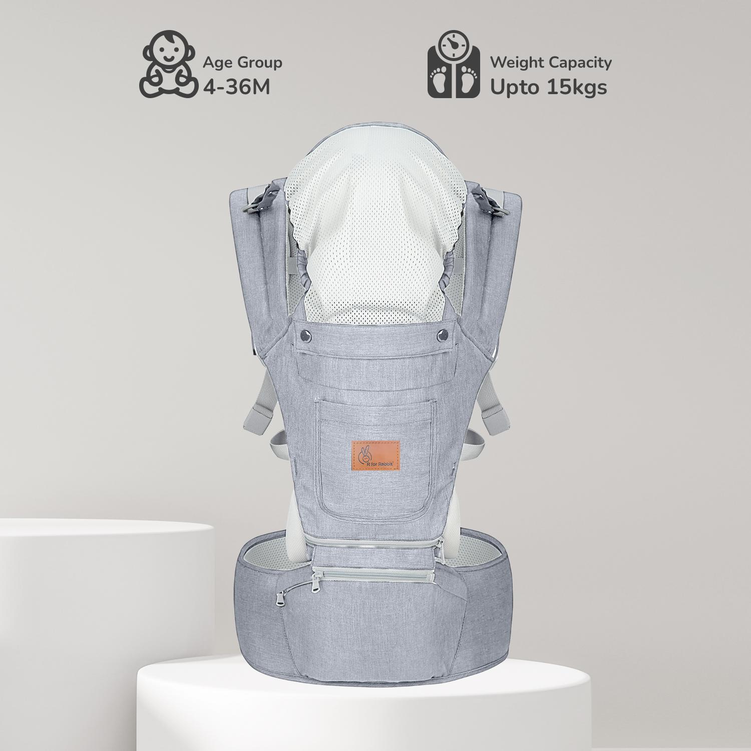 R for Rabbit Upsy Daisy Ergo Baby Carrier for New Born | 8 in 1 Hip Seat Front and Back Carry Position Adjustable Straps Kangaroo Bags for 4 to 36 Months Kids Upto 15 Kg (Light Grey)