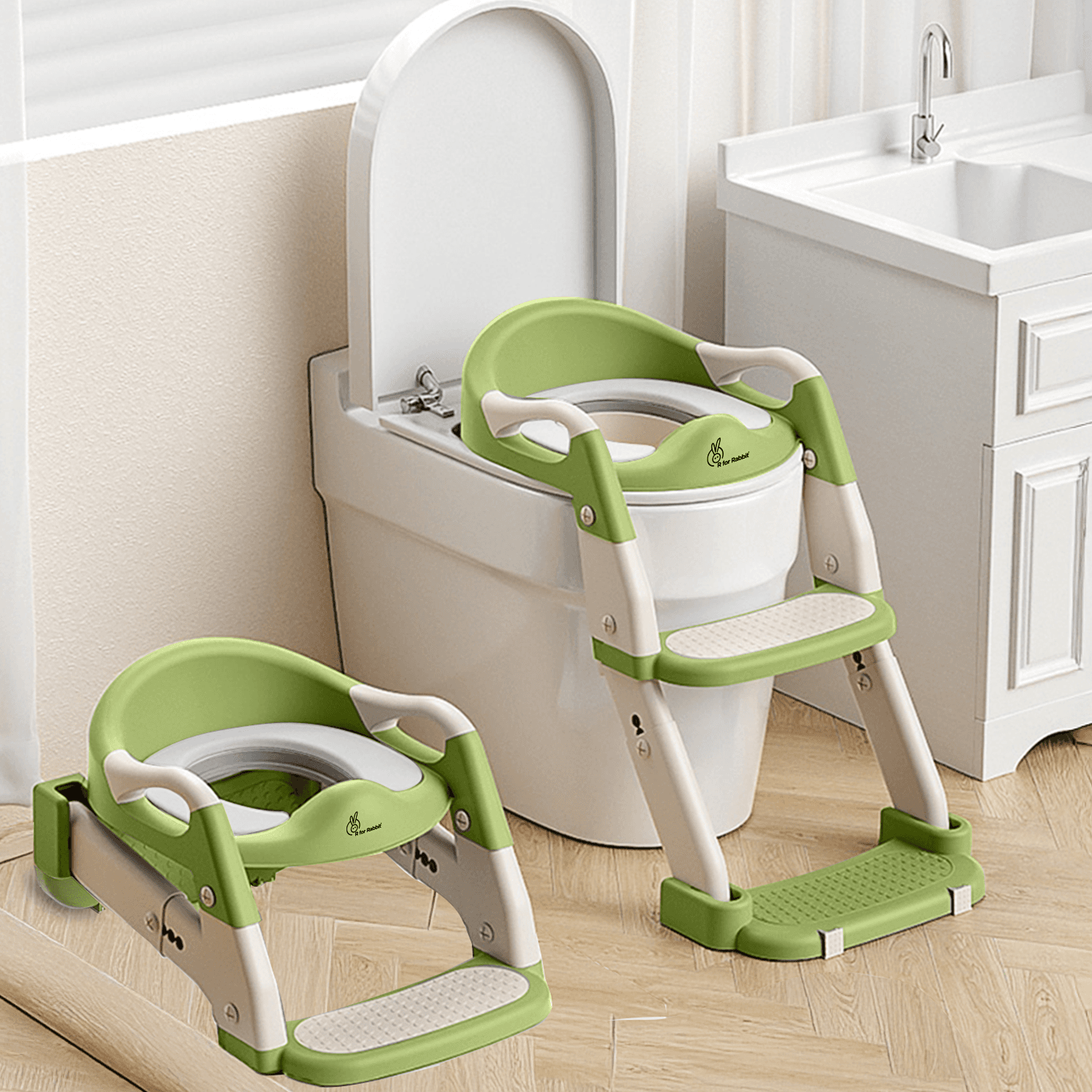 R for Rabbit Hilltop Trainer 2-in-1 Potty Training Seat & Step Stool | Adjustable Height with Anti-Skid Base, Universal Fit & Foldable Toilet Seat for 1-7 Years Kids, Toddler (Green White)