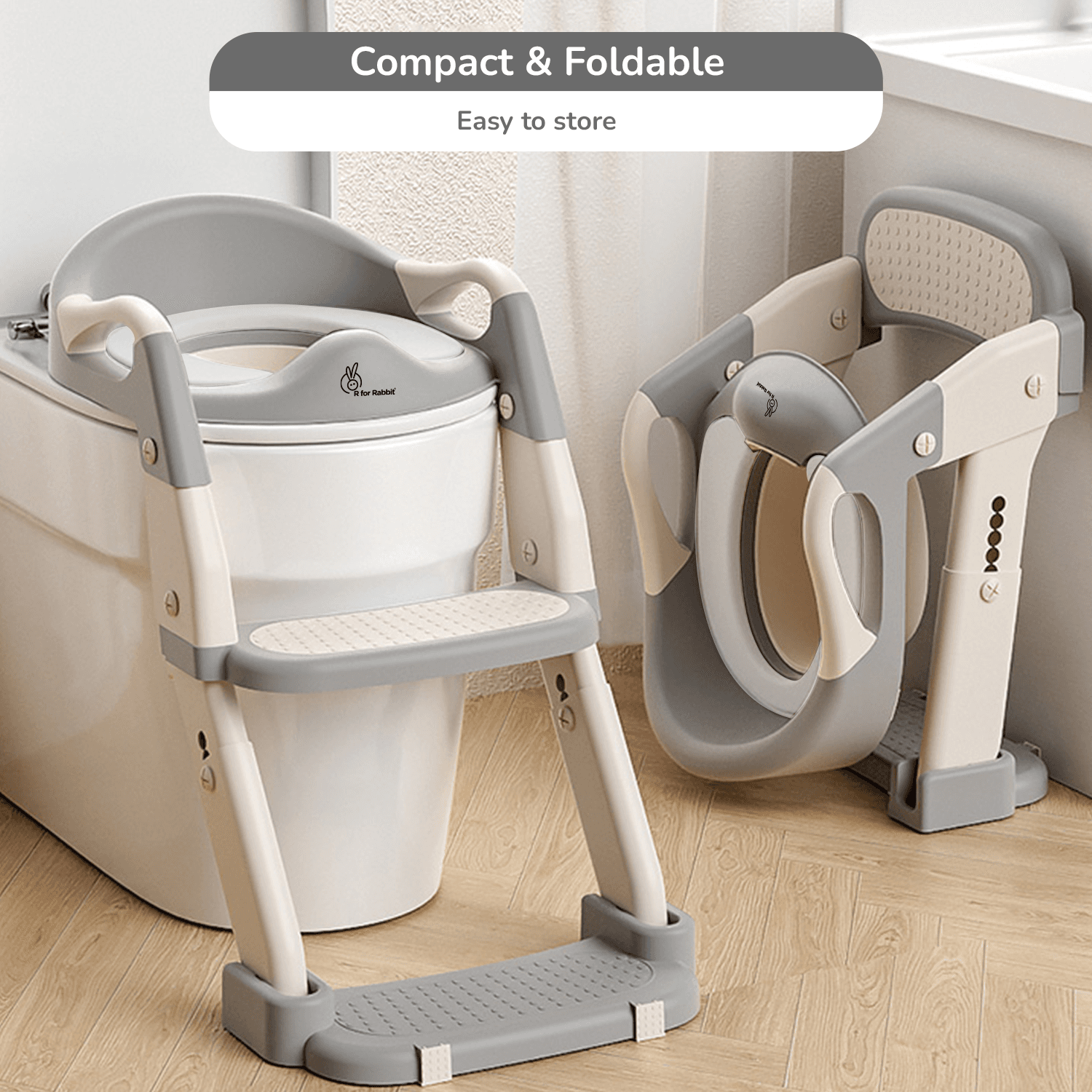 R for Rabbit Hilltop Trainer 2-in-1 Potty Training Seat & Step Stool | Adjustable Height with Anti-Skid Base, Universal Fit & Foldable Toilet Seat for 1-7 Years Kids, Toddler (Grey White)