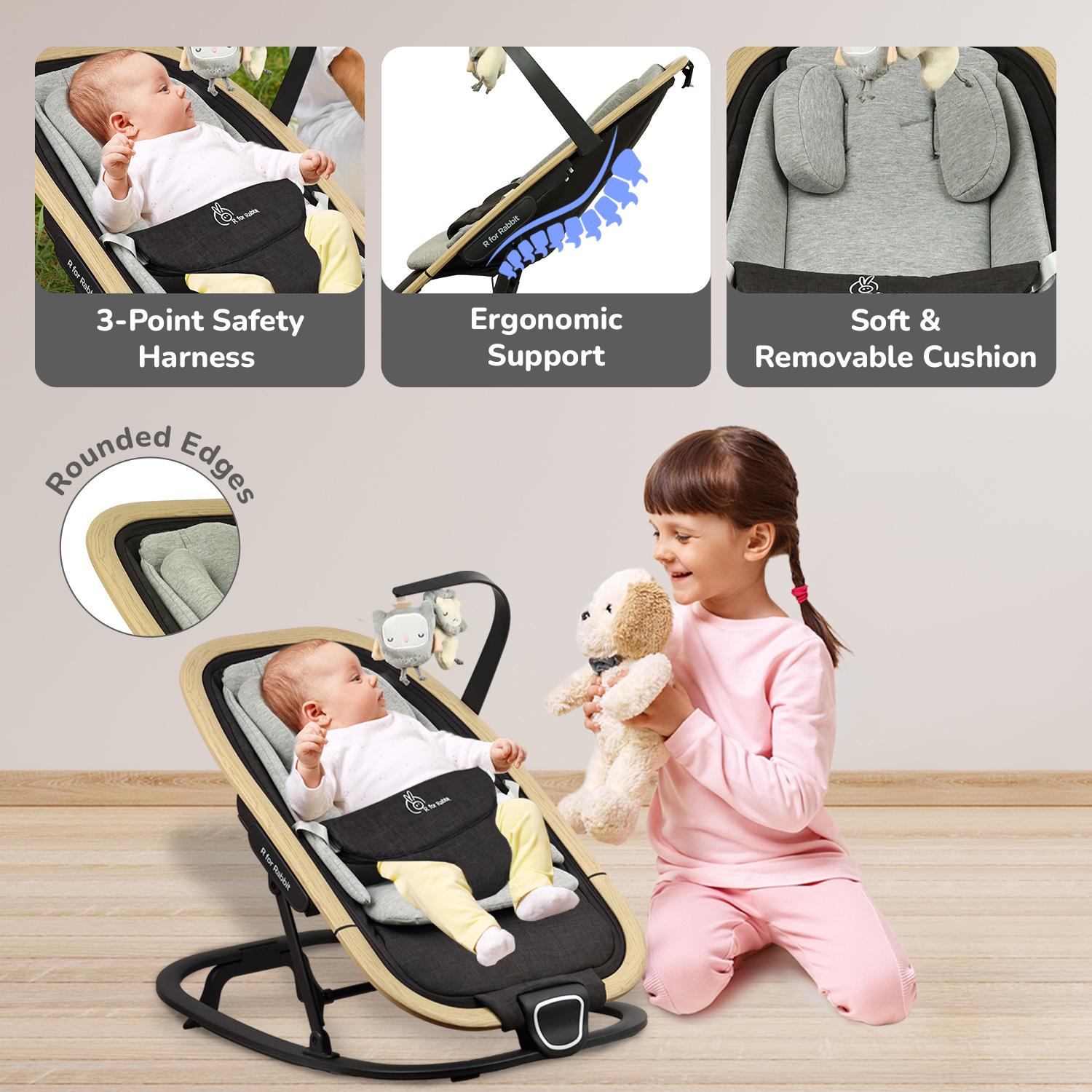 R for Rabbit Rock N Nap Bliss Baby Rocker & Bouncer 2-in-1 | Lightweight & Travel-Friendly One-Hand Multi-Recline Kids Rocking Chair| Soft Cushion for 0-12 Months Babies Weight upto 12 Kgs(Grey Black)