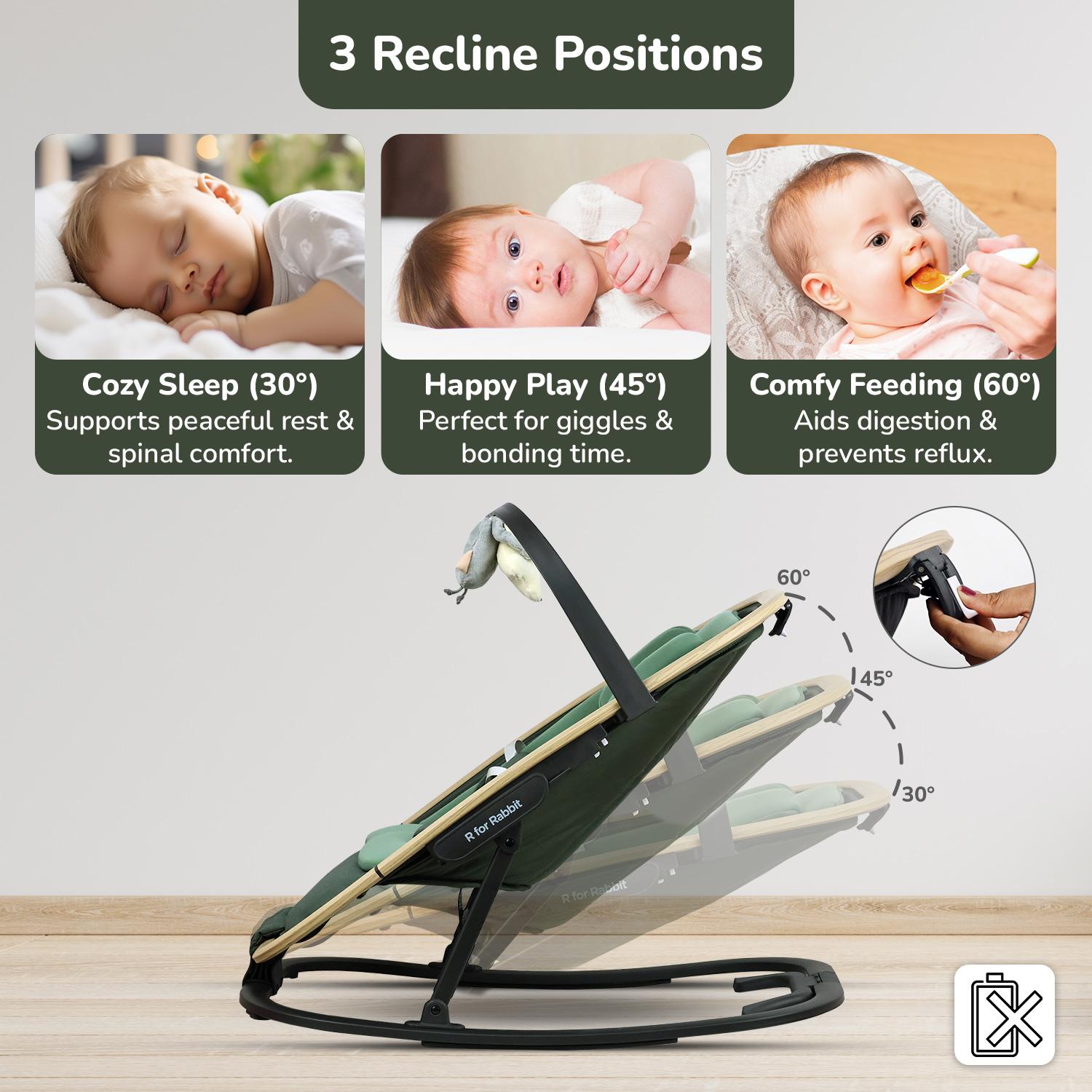R for Rabbit Rock N Nap Bliss Baby Rocker & Bouncer 2-in-1 | Lightweight & Travel-Friendly One-Hand Multi-Recline Kids Rocking Chair| Soft Cushion for 0-12 Months Babies Weight upto 12 Kg(Olive Green)